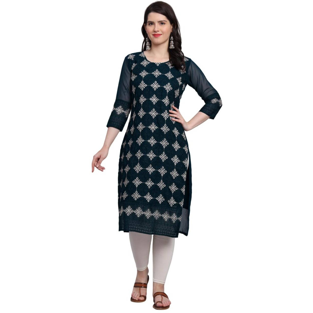 Ekasya Women's Georgette Straight Cut Sweetheart Round Neck Kurta with Beautiful Lucknowi Chickenkari Embroidery Work (E1606) Teal