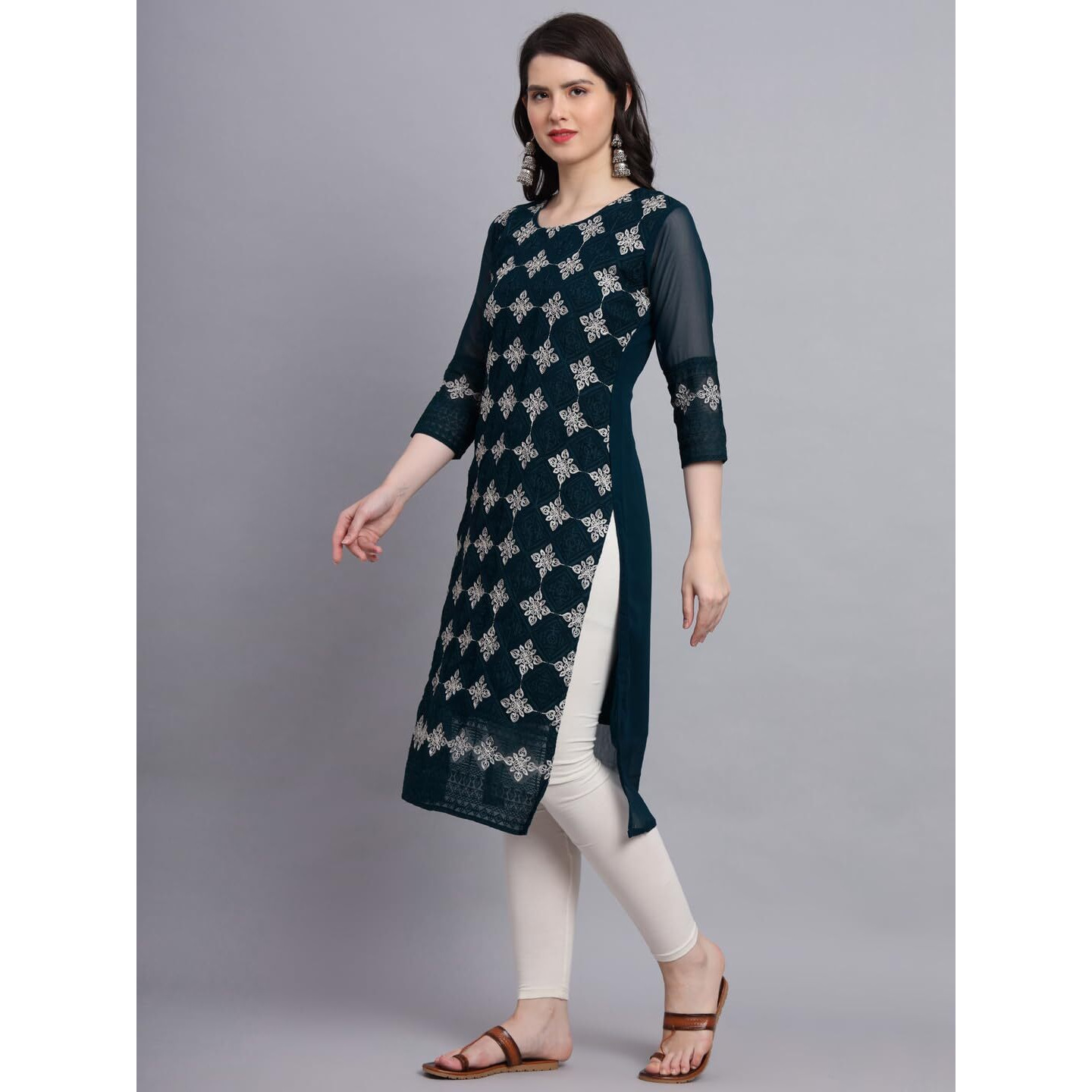 Ekasya Women's Georgette Straight Cut Sweetheart Round Neck Kurta with Beautiful Lucknowi Chickenkari Embroidery Work (E1606) Teal