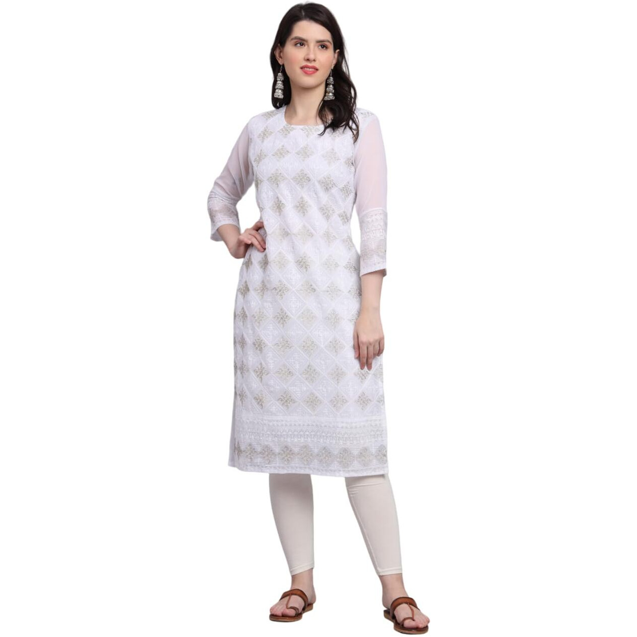 Ekasya Women's Georgette Straight Cut Sweetheart Round Neck Kurta with Beautiful Lucknowi Chickenkari Embroidery Work (E1606) White