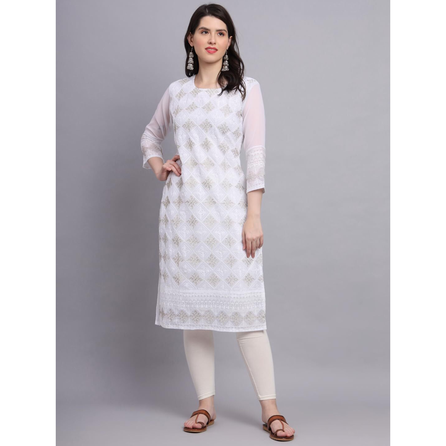 Ekasya Women's Georgette Straight Cut Sweetheart Round Neck Kurta with Beautiful Lucknowi Chickenkari Embroidery Work (E1606) White