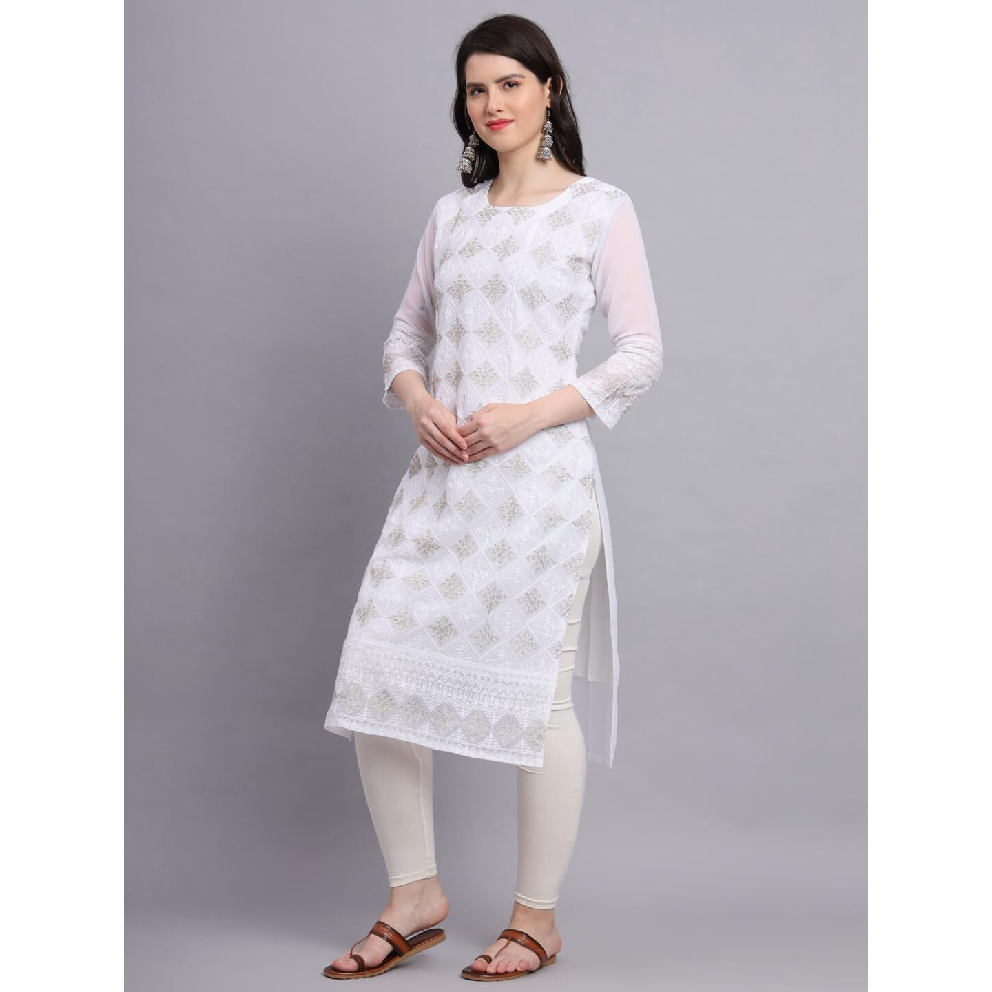 Ekasya Women's Georgette Straight Cut Sweetheart Round Neck Kurta with Beautiful Lucknowi Chickenkari Embroidery Work (E1606) White