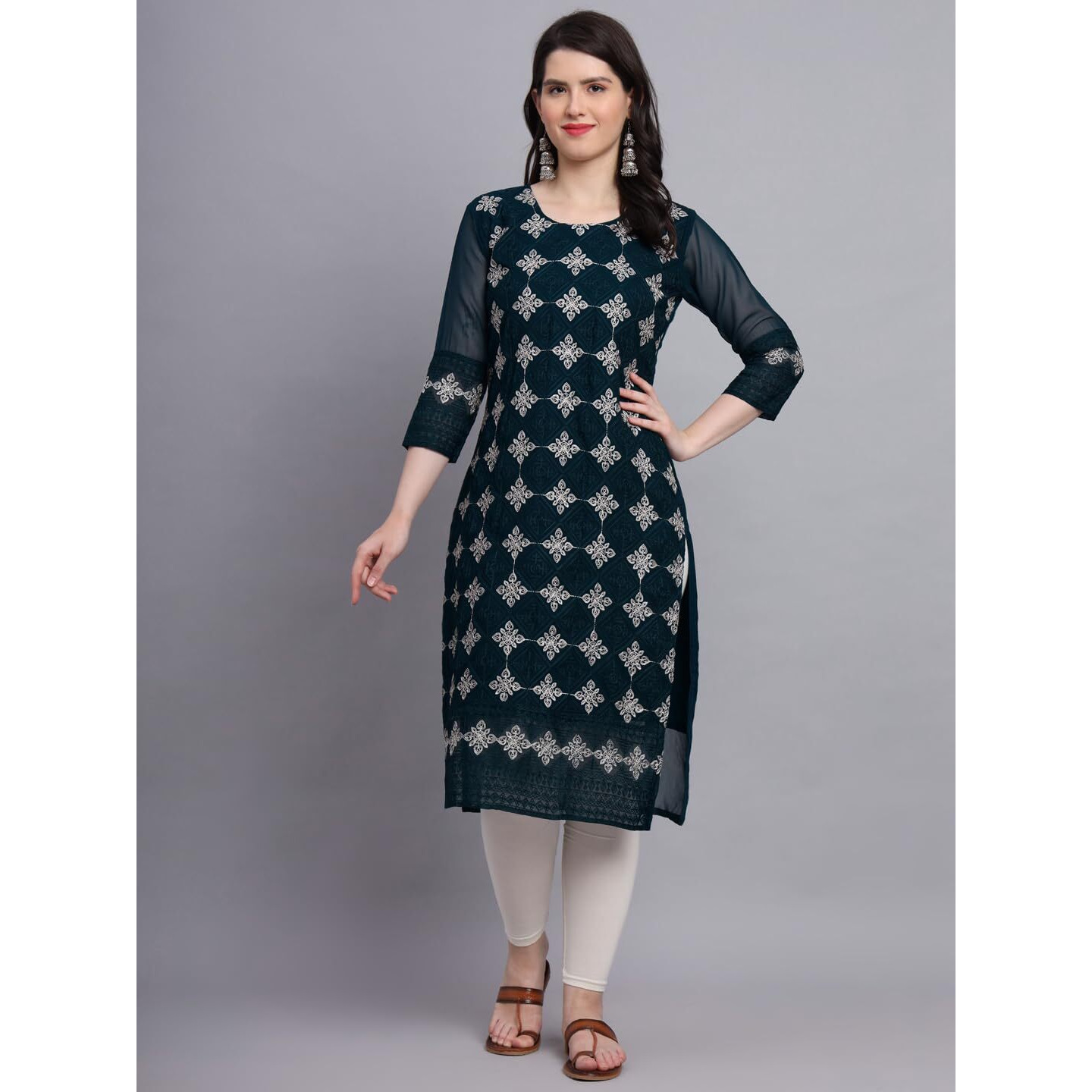 Ekasya Women's Georgette Straight Cut Sweetheart Round Neck Kurta with Beautiful Lucknowi Chickenkari Embroidery Work (E1606) Teal