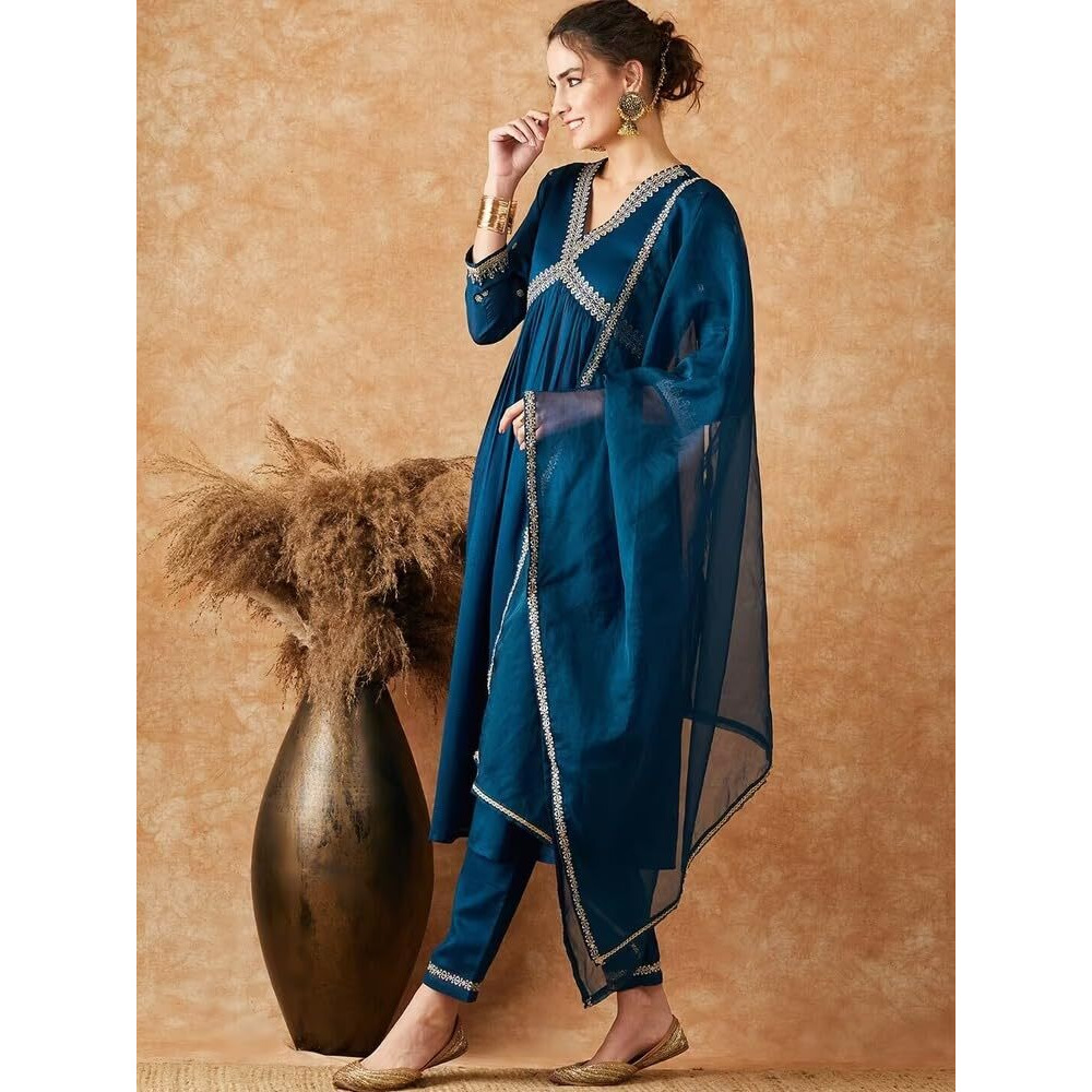LookMark Women's Embroidered Georgette Alia Cut Kurta Pant Dupatta Set - Trendy and Elegant Ethnic Wear for Women (AZ-LM-OG-KS2112-M) Blue