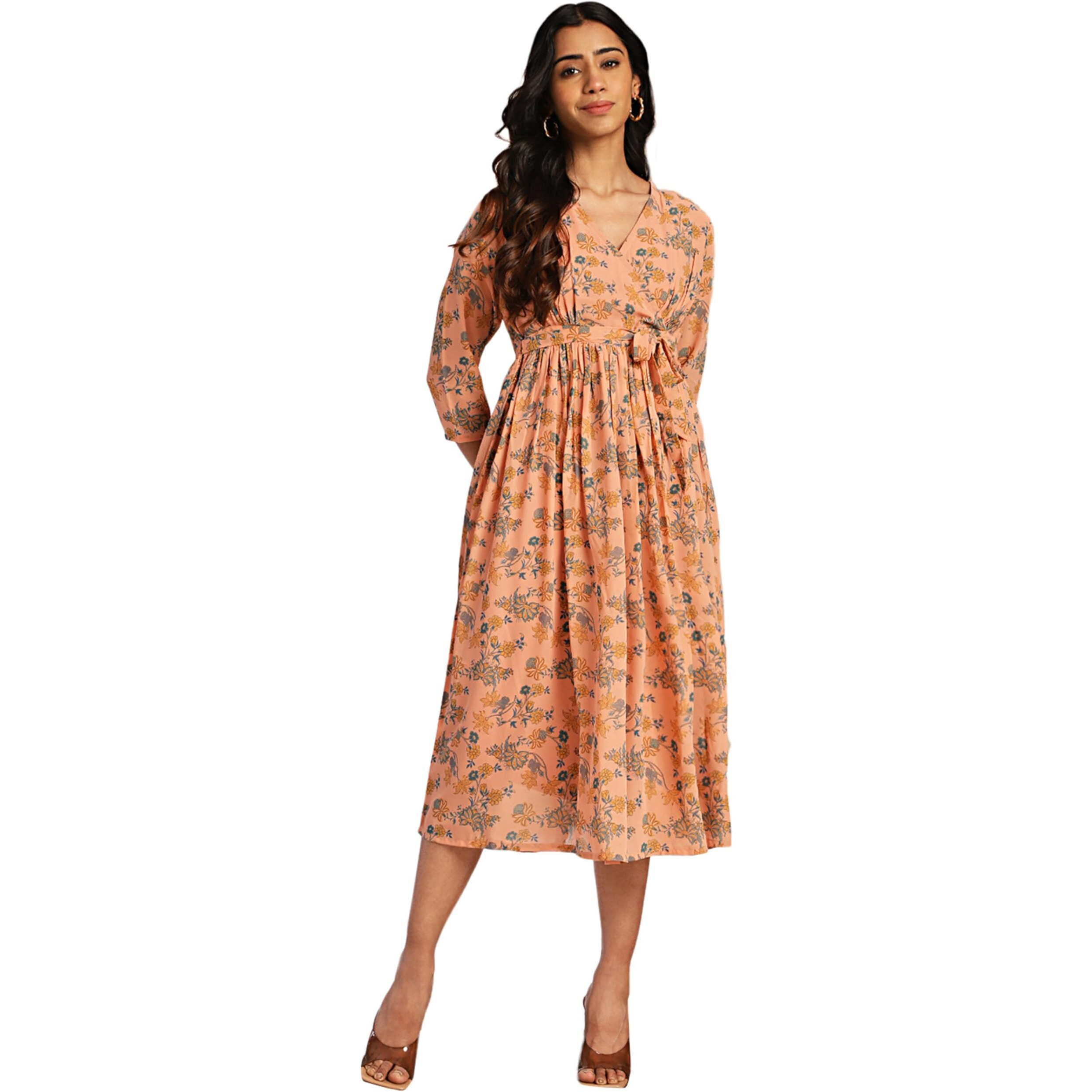 Janasya Women's Peach Georgette Floral Fit & Flare Dress(JNE4376-DR-S)