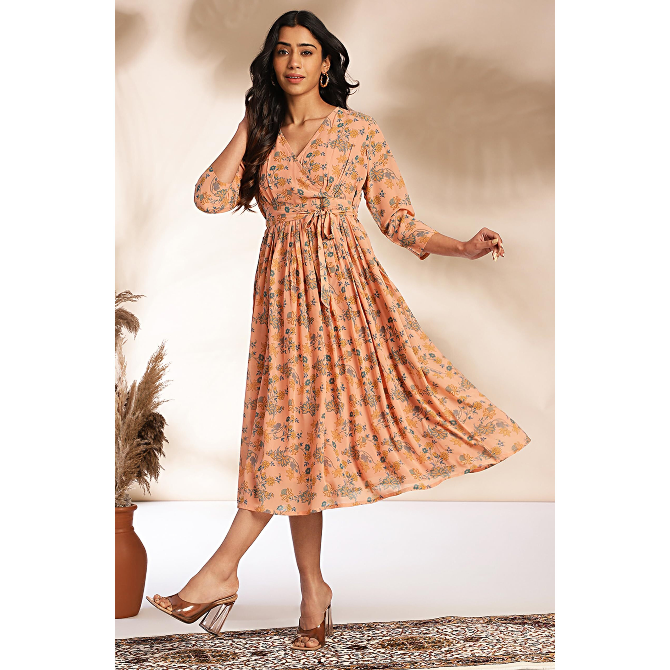 Janasya Women's Peach Georgette Floral Fit & Flare Dress(JNE4376-DR-S)