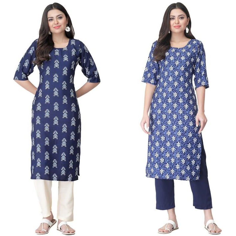 Pinkmint Straight Printed Kurti Party WERA Kurti Kurta Pant Set (Pack of 2)