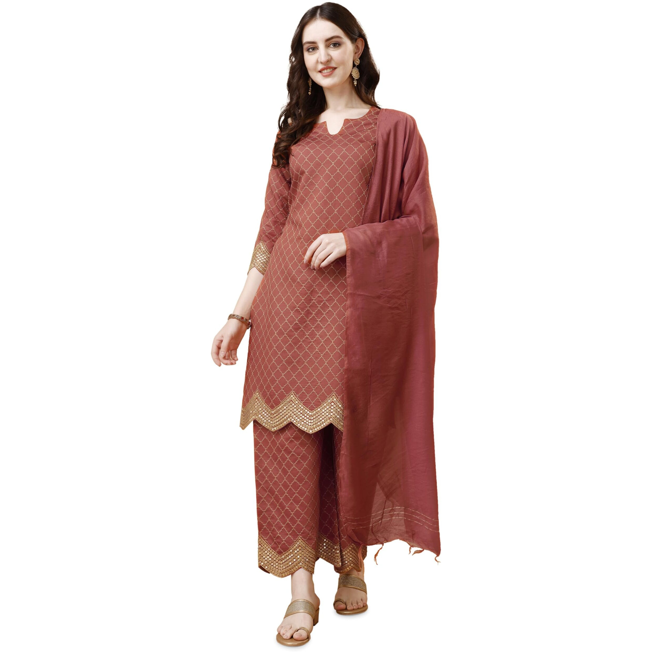 Pratham Blue Kurta Set for Women Silk Embroidered Straight Kurta Set for Women with Palazzos and Dupatta (PB-6087-S_Orange)