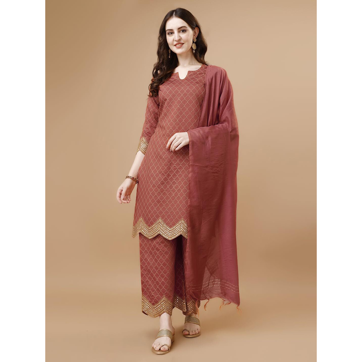 Pratham Blue Kurta Set for Women Silk Embroidered Straight Kurta Set for Women with Palazzos and Dupatta (PB-6087-S_Orange)