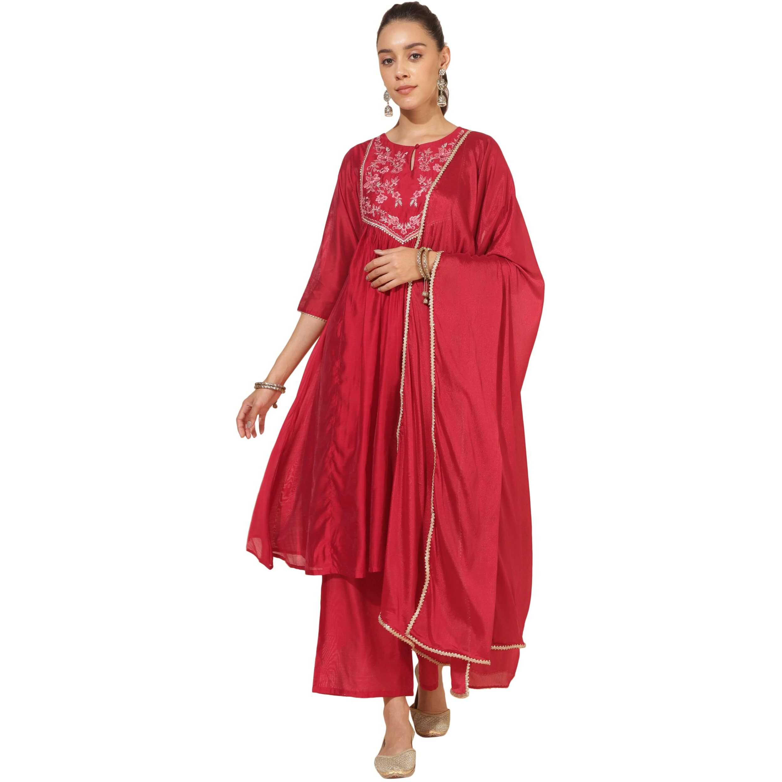 Janasya Women's Red Chanderi Embellished Kurta with Palazzo and Dupatta(SET839-KR-PP-XXL)