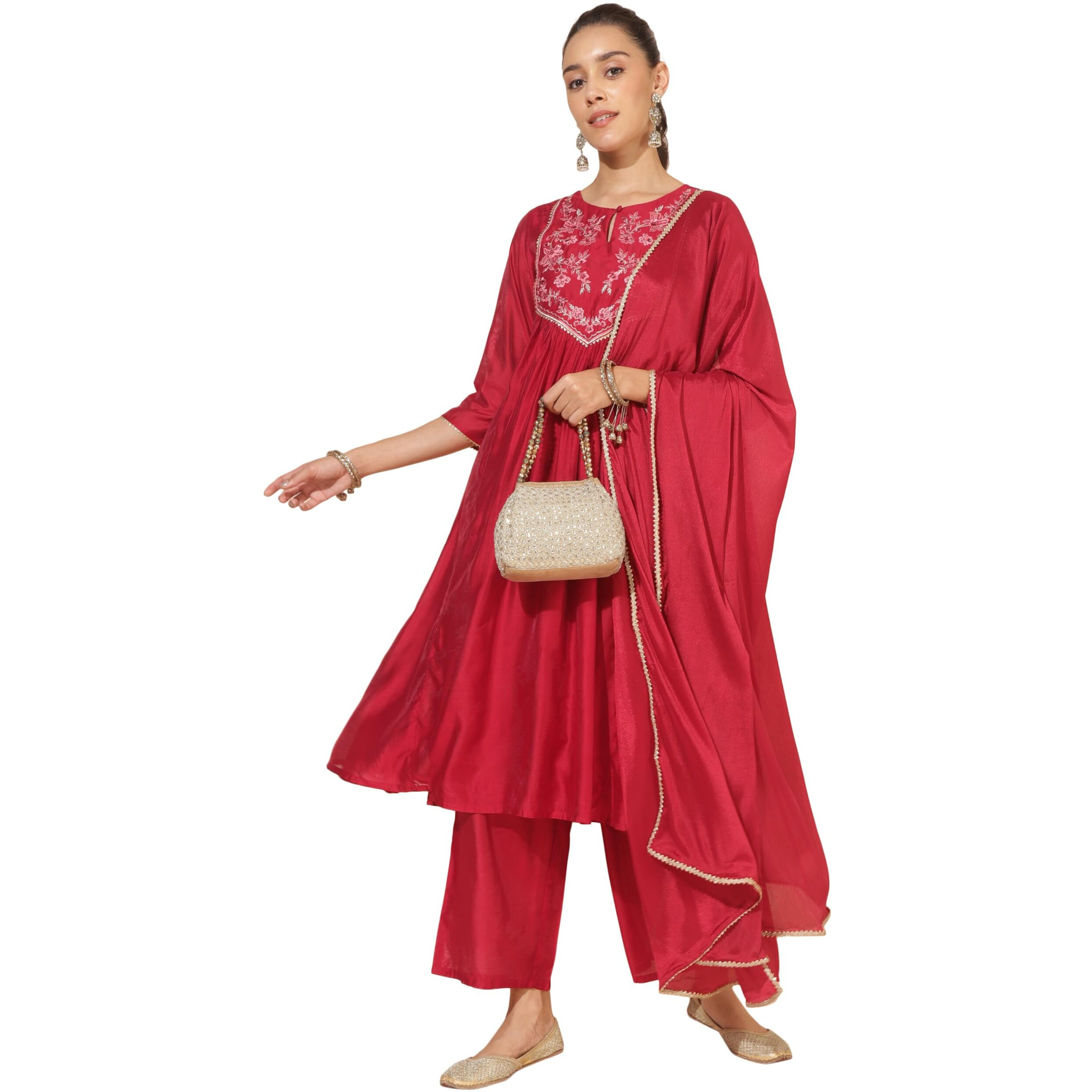 Janasya Women's Red Chanderi Embellished Kurta with Palazzo and Dupatta(SET839-KR-PP-XXL)