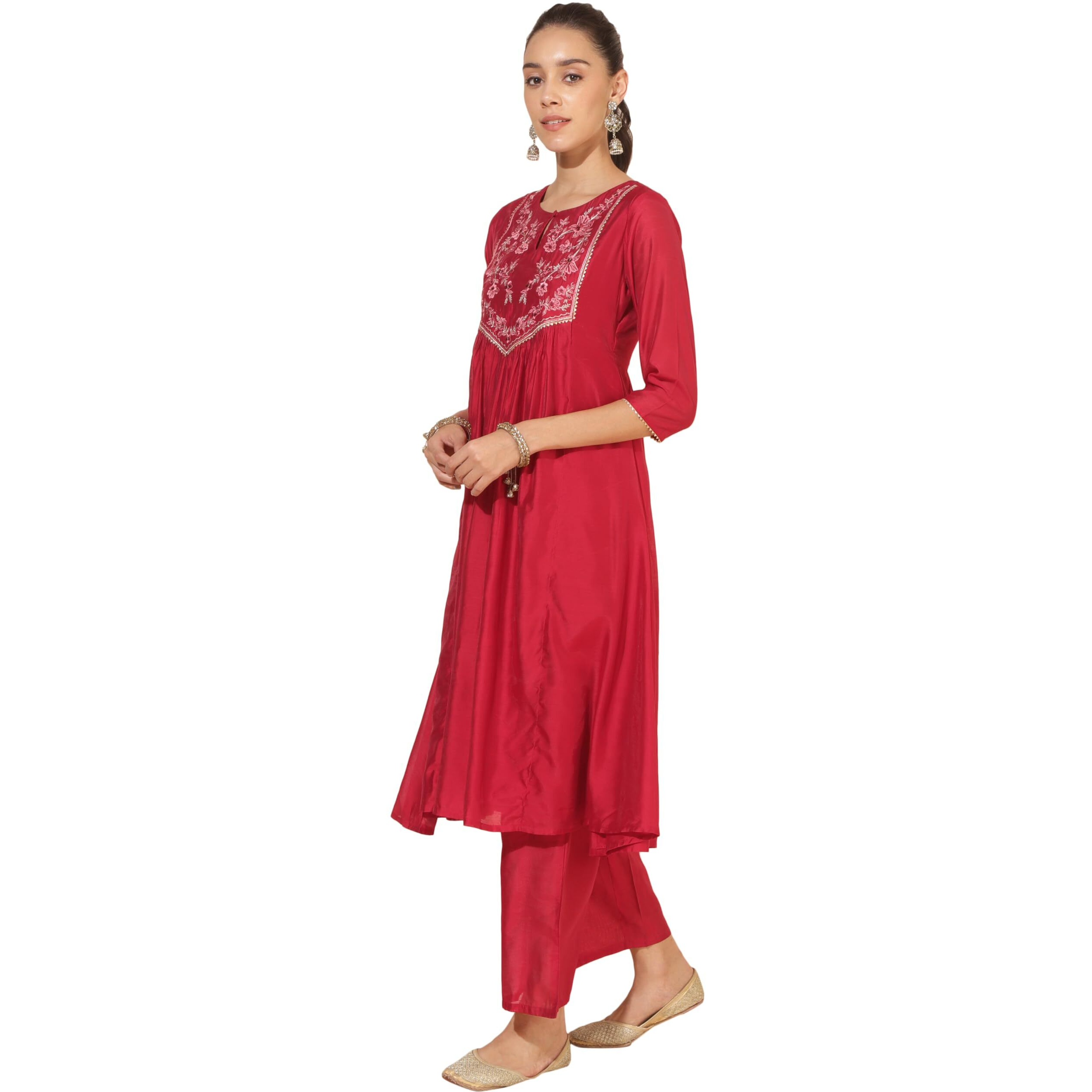 Janasya Women's Red Chanderi Embellished Kurta with Palazzo and Dupatta(SET839-KR-PP-XXL)