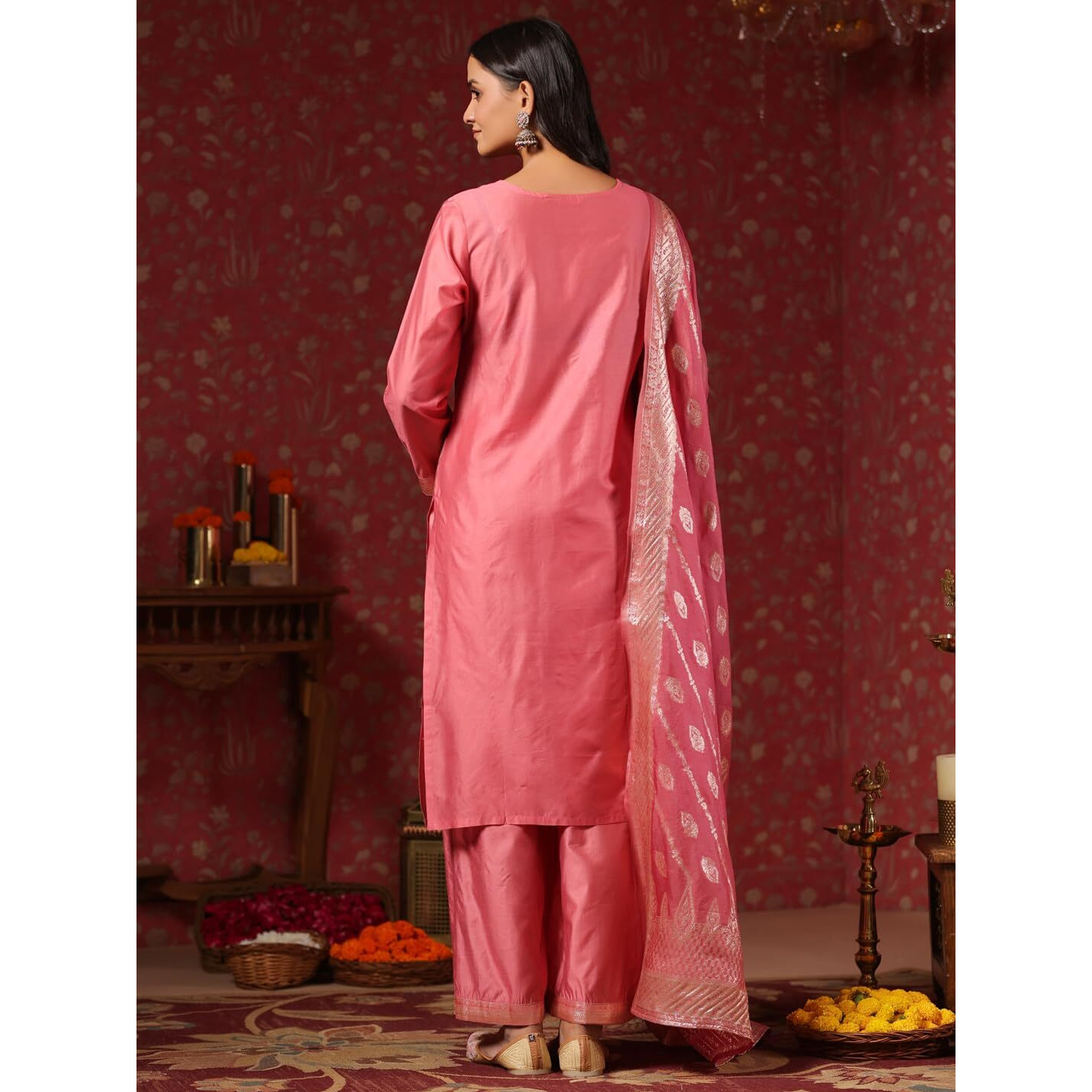 ishin Women's Poly Silk Ethnic Motifs Pink Straight Kurta Suit Set with Trousers & Dupatta