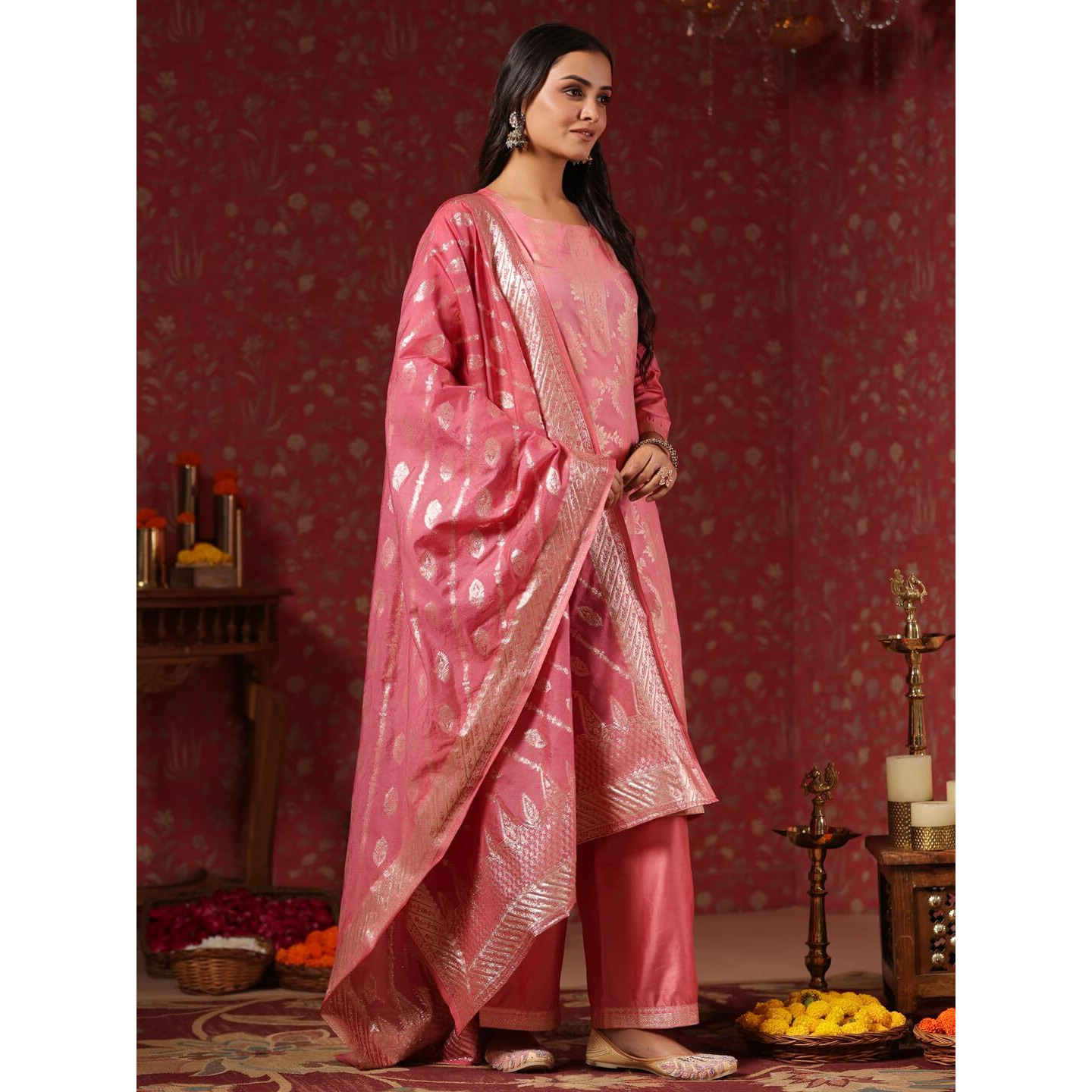 ishin Women's Poly Silk Ethnic Motifs Pink Straight Kurta Suit Set with Trousers & Dupatta