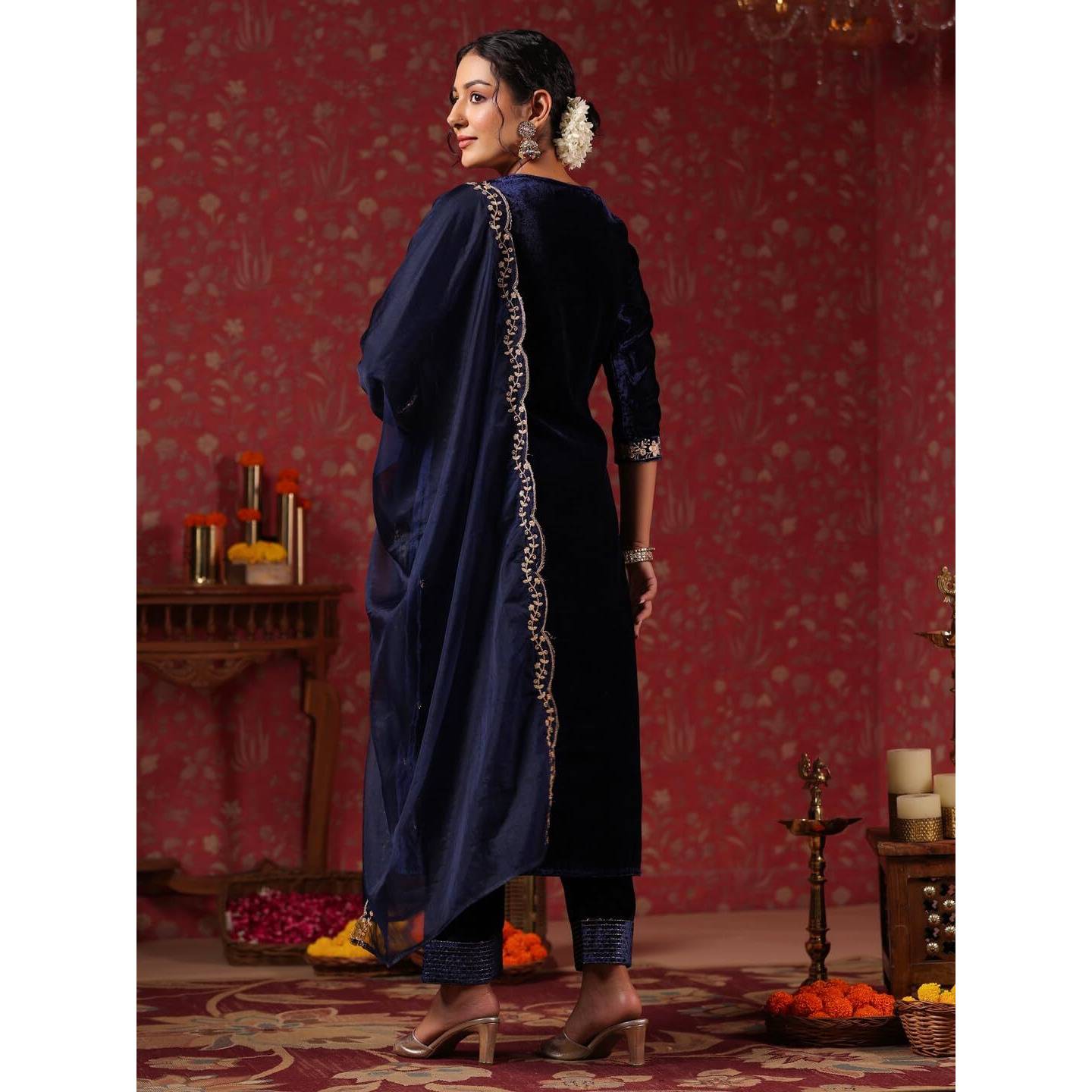 ishin Women's Velvet Embroidered Navy Blue Straight Kurta Suit Set with Trousers and Dupatta