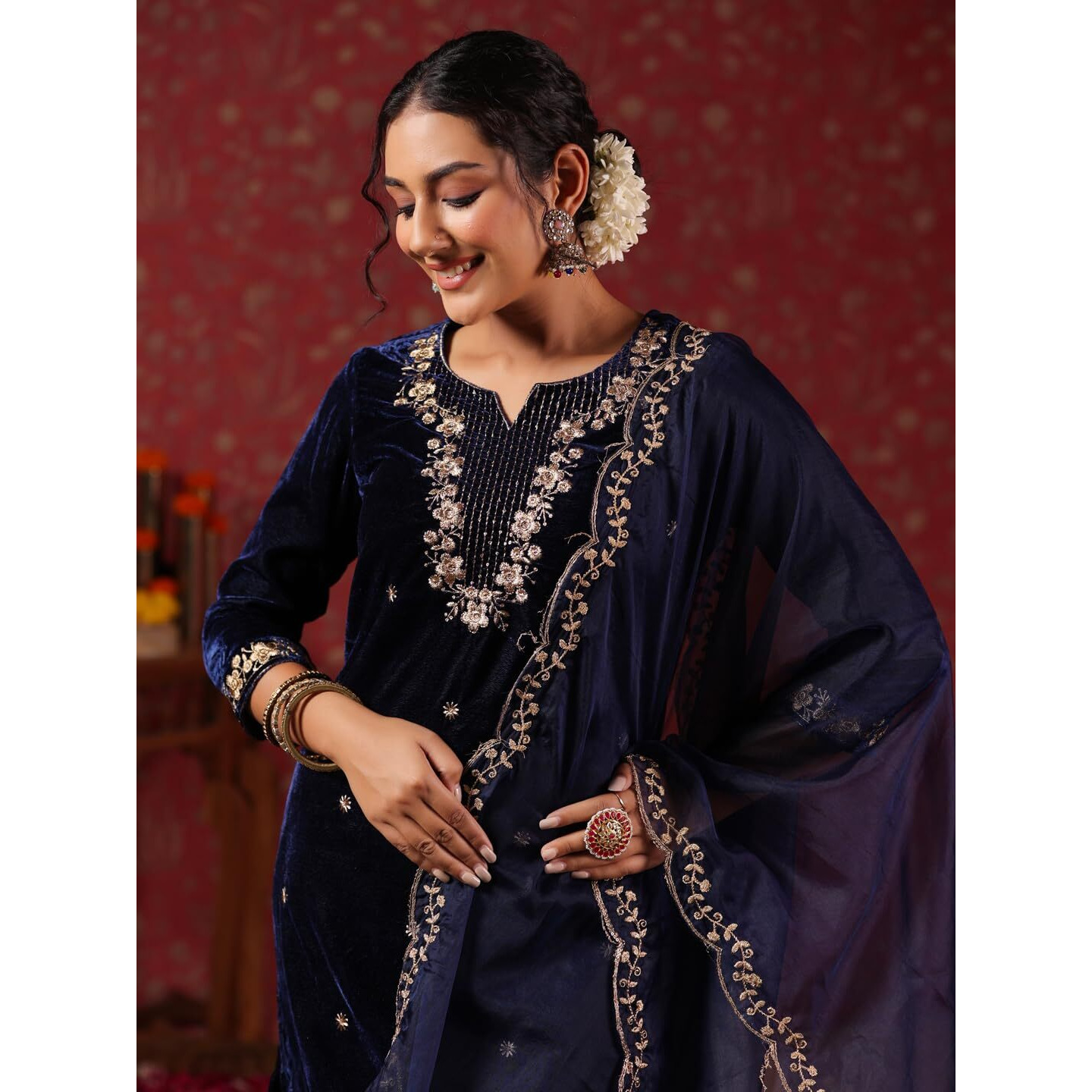 ishin Women's Velvet Embroidered Navy Blue Straight Kurta Suit Set with Trousers and Dupatta