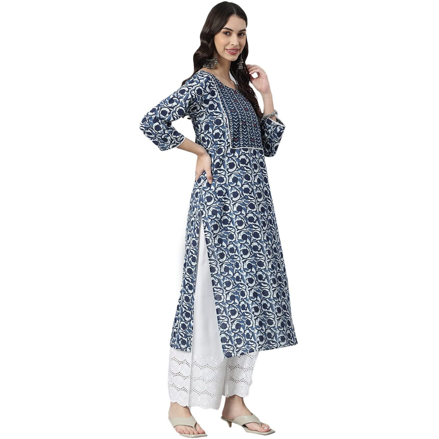 Stylum Women Indigo Floral Printed Cotton Straight Kurta (INDIGOBIRD50_Navy Blue, 5XL)