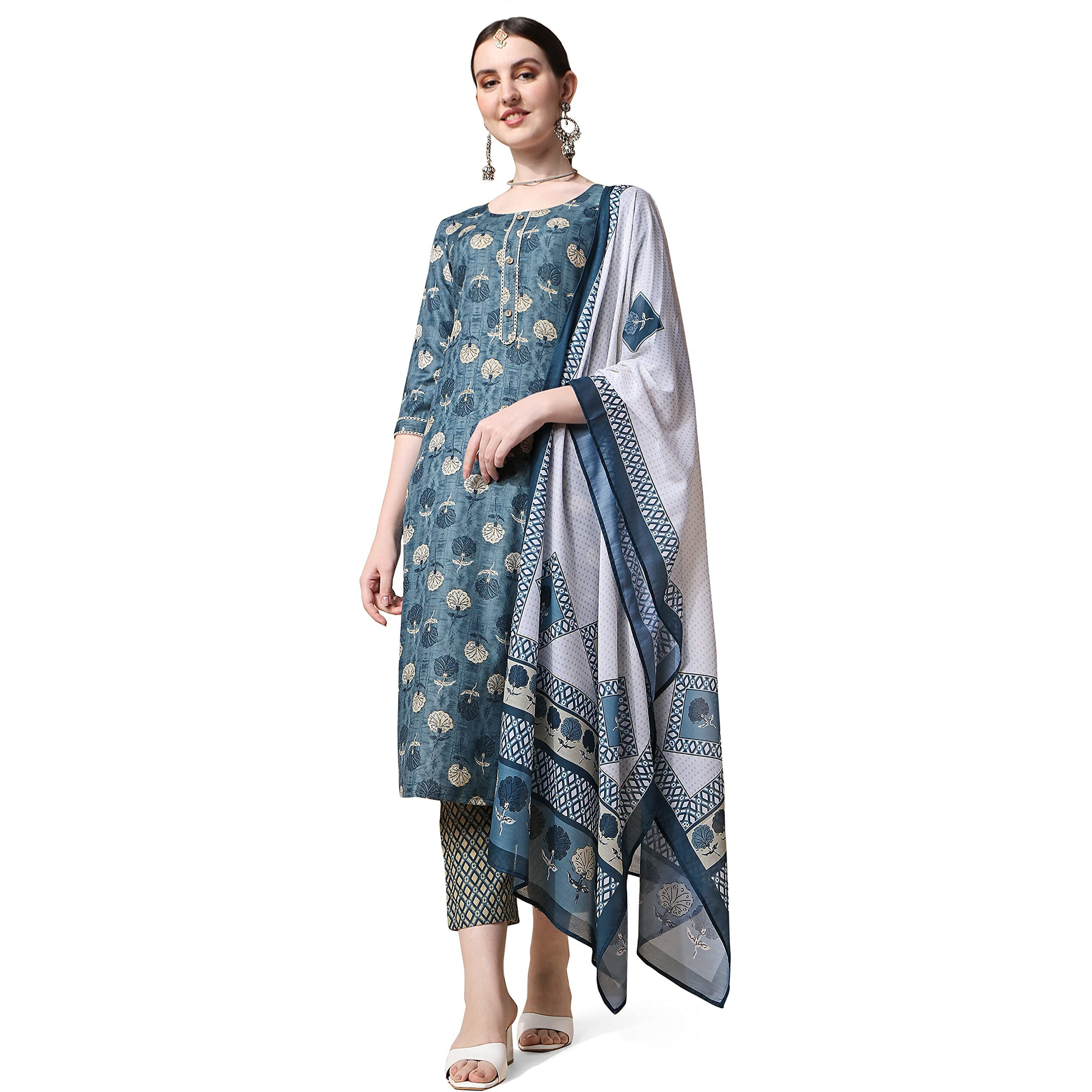 NAINVISH Women/Girls Trending Printed Kurta Pant with Dupatta (SD396_KBD-XXL) Blue