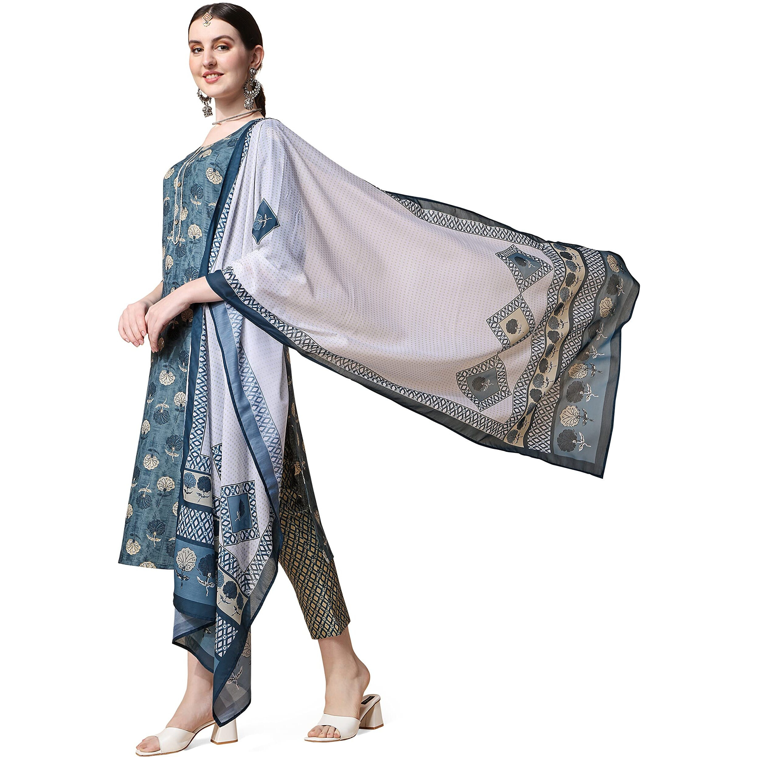 NAINVISH Women/Girls Trending Printed Kurta Pant with Dupatta (SD396_KBD-XXL) Blue