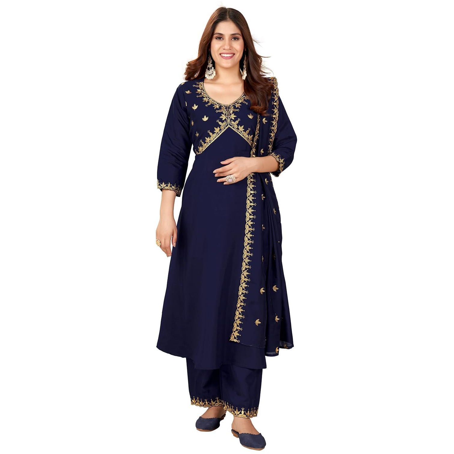 Granthva Fab Women's Silk Embroidered Anarkali Kurta with Palazzos and Dupatta (GF-6169-S_Blue)