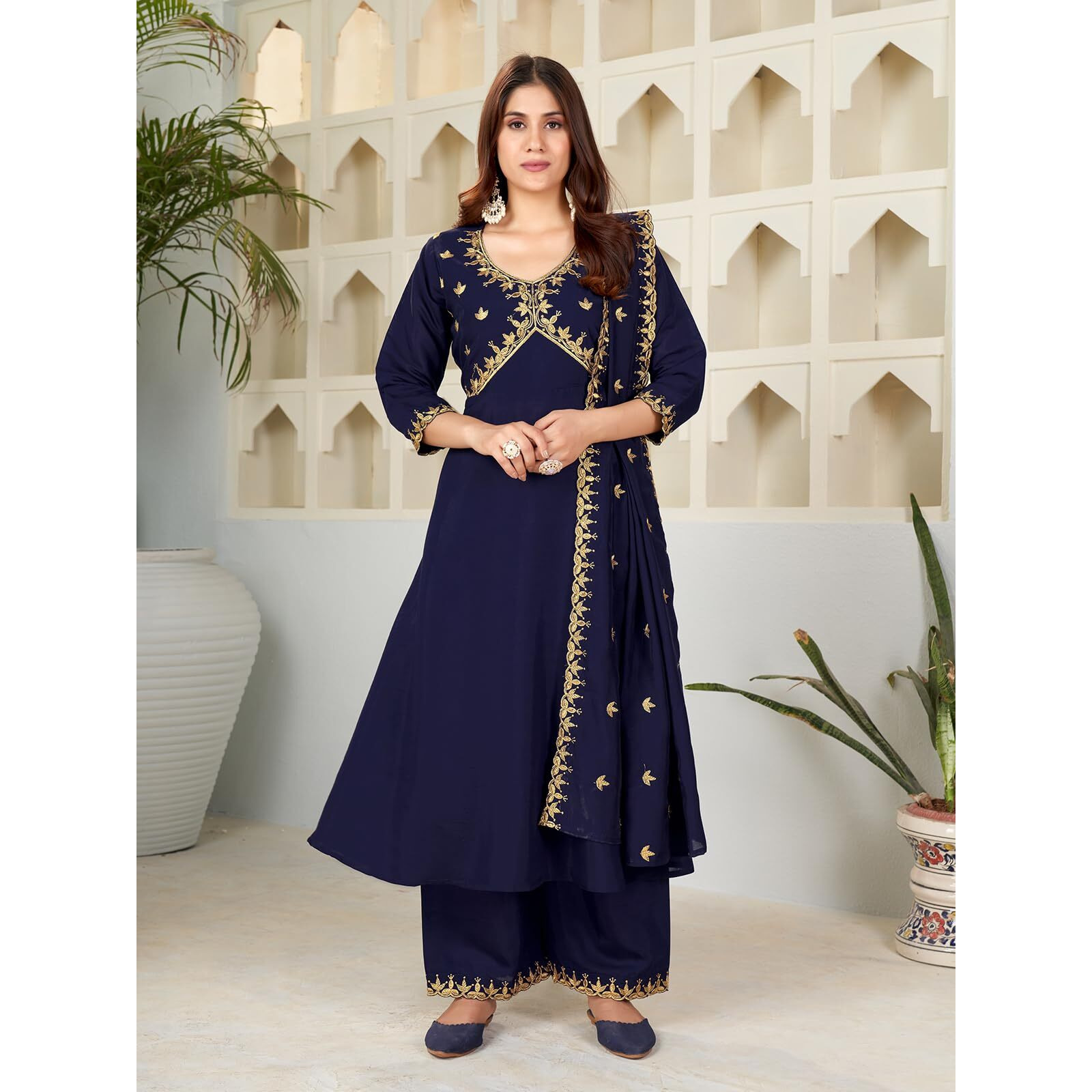 Granthva Fab Women's Silk Embroidered Anarkali Kurta with Palazzos and Dupatta (GF-6169-S_Blue)