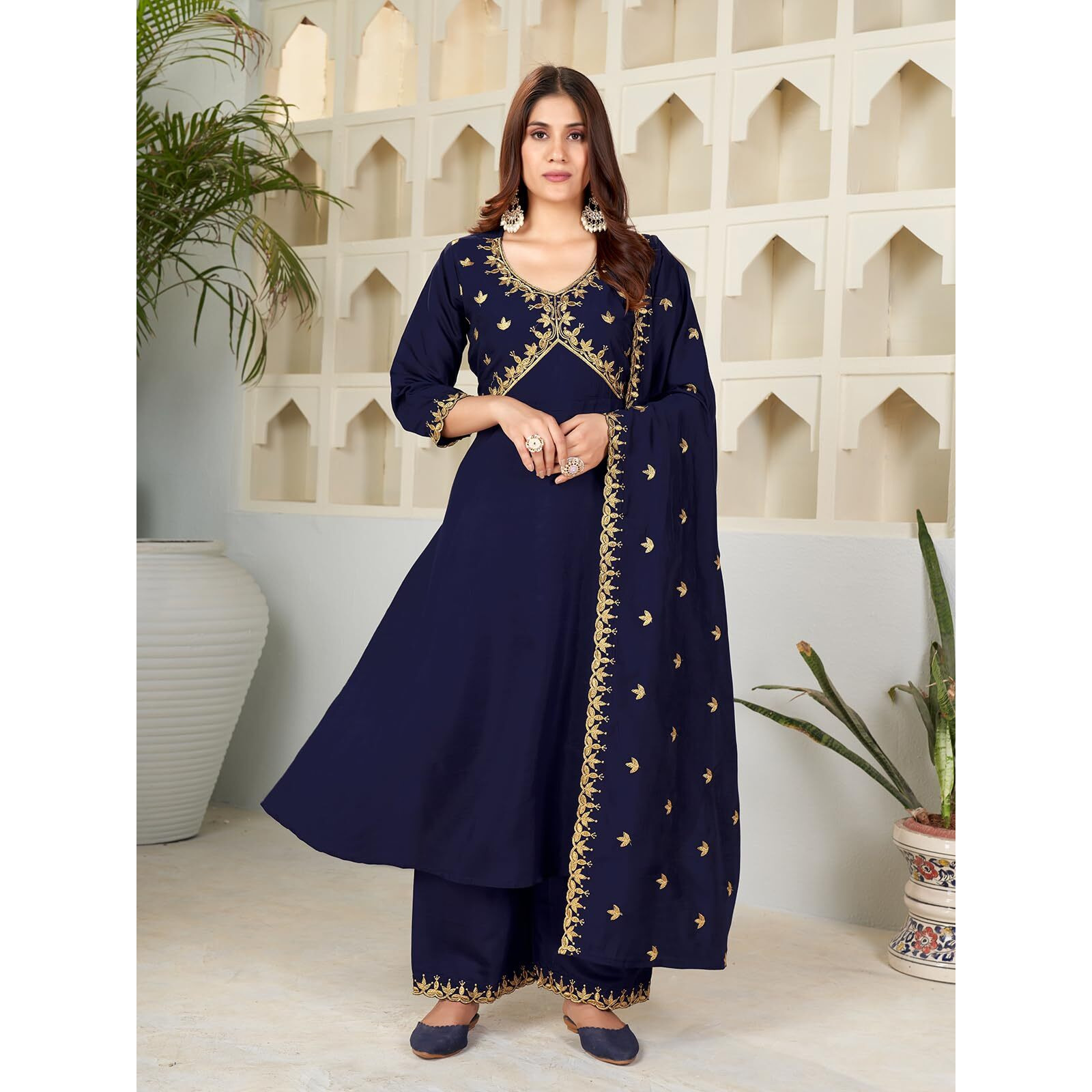 Granthva Fab Women's Silk Embroidered Anarkali Kurta with Palazzos and Dupatta (GF-6169-S_Blue)