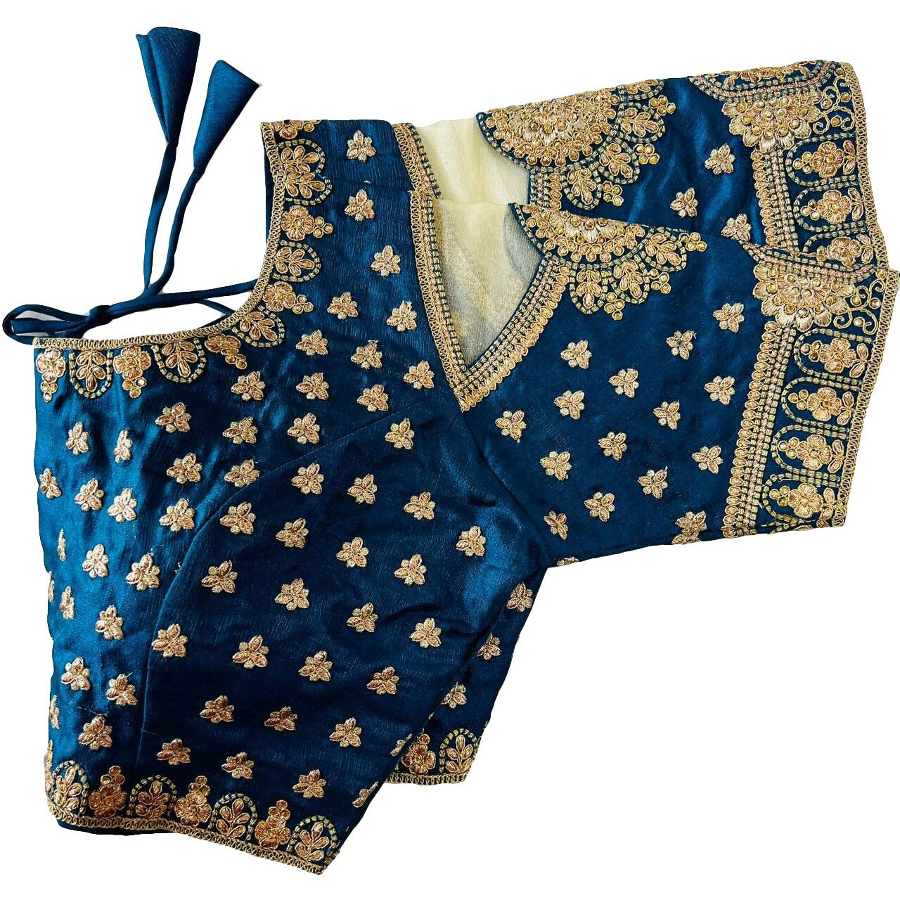 Pujia Mills Women's Heavy Milan Silk Codding Embroidery with Diamond Work Net Cutwork Blouse (Gopika Morpeach)