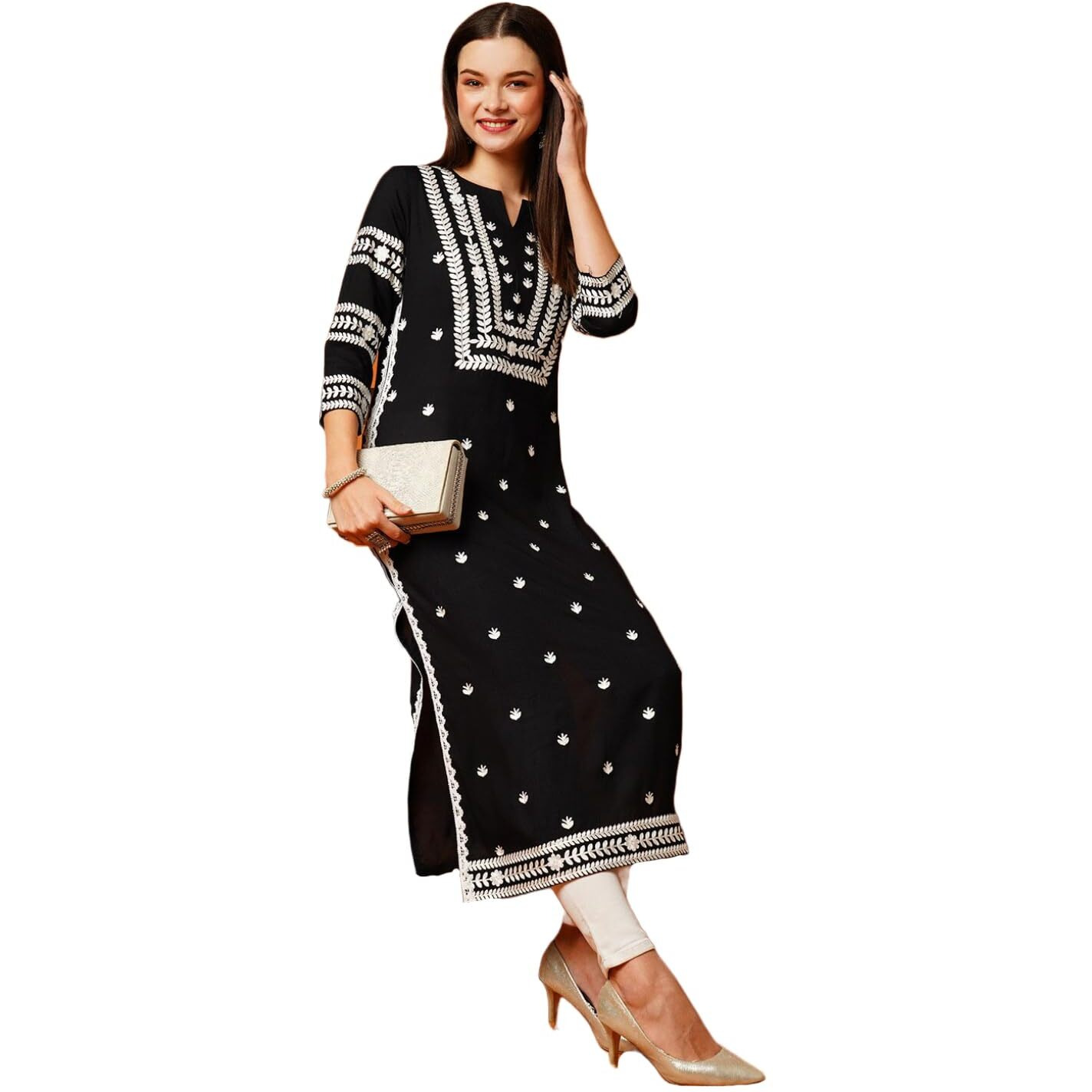 GoSriKi Women's Cotton Blend Straight Chikankari Embroidered Kurta (STHO-Black-GRT-GS_S_Black_Small)
