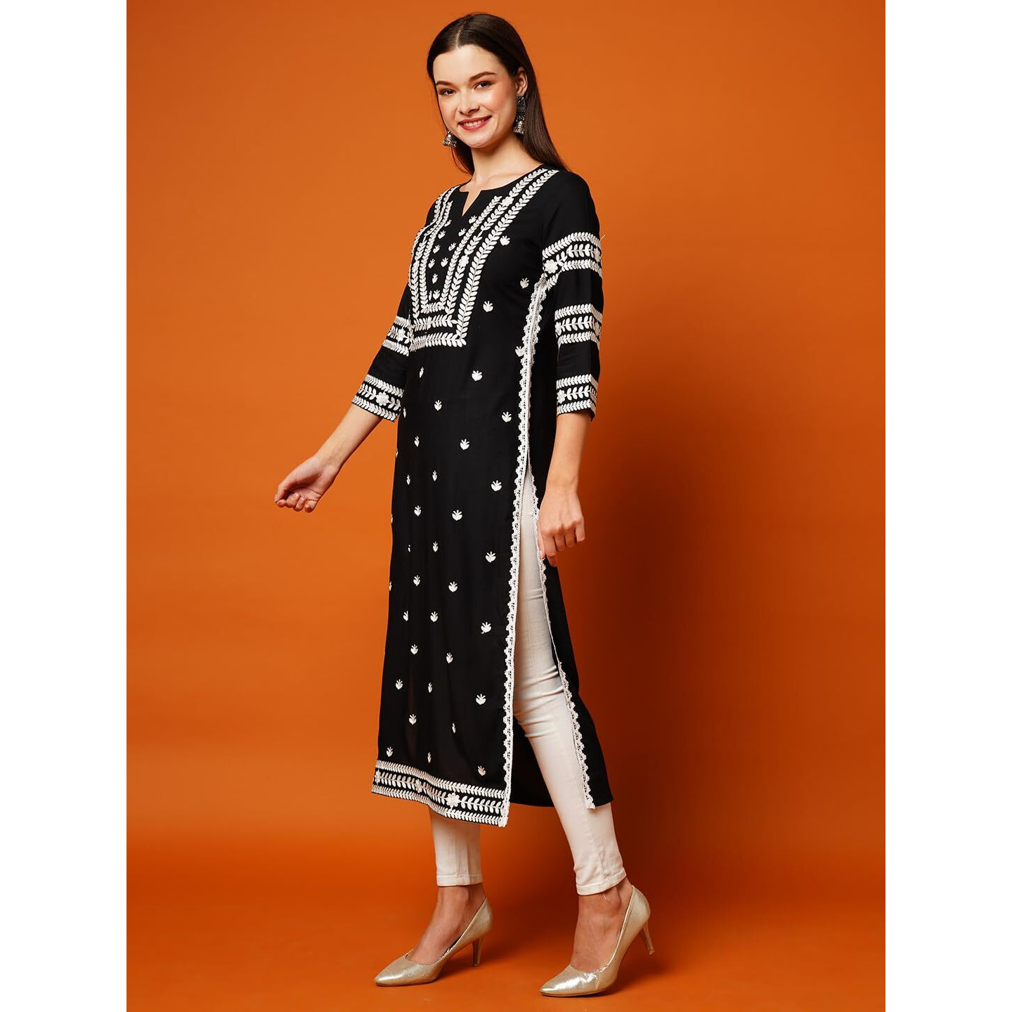 GoSriKi Women's Cotton Blend Straight Chikankari Embroidered Kurta (STHO-Black-GRT-GS_S_Black_Small)