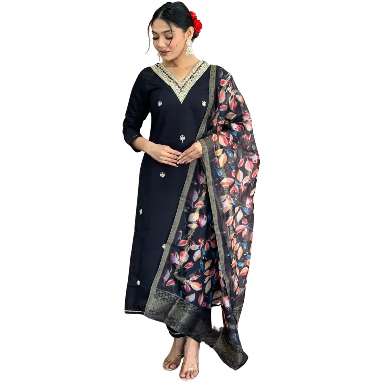 Naixa Women's Black Rayon Slub Embroidered Straight Kurta with Rayon Slub Pant and Chinon Jacquard Dupatta Sets (NX-542-Black-XL)