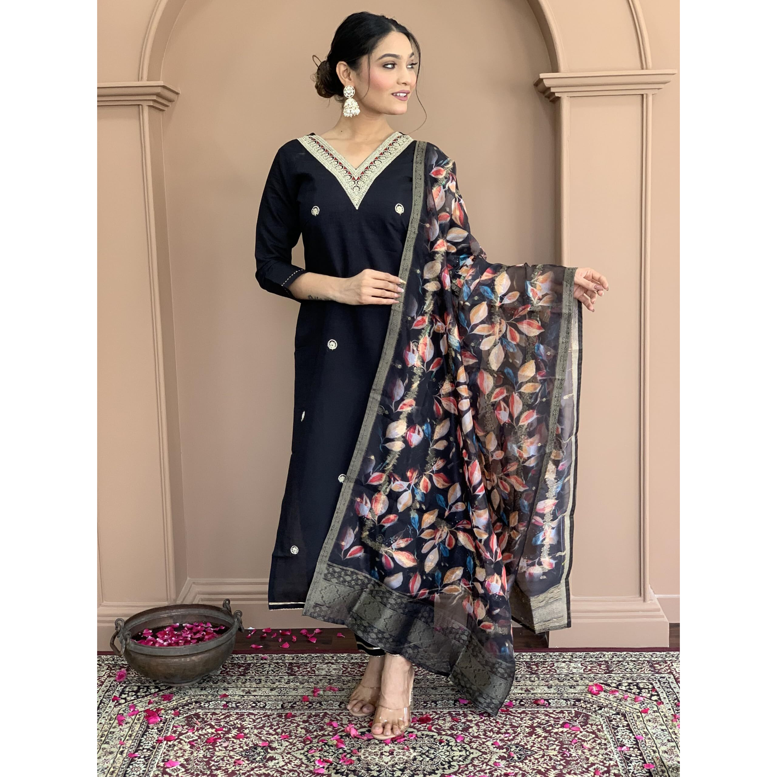 Naixa Women's Black Rayon Slub Embroidered Straight Kurta with Rayon Slub Pant and Chinon Jacquard Dupatta Sets (NX-542-Black-XL)