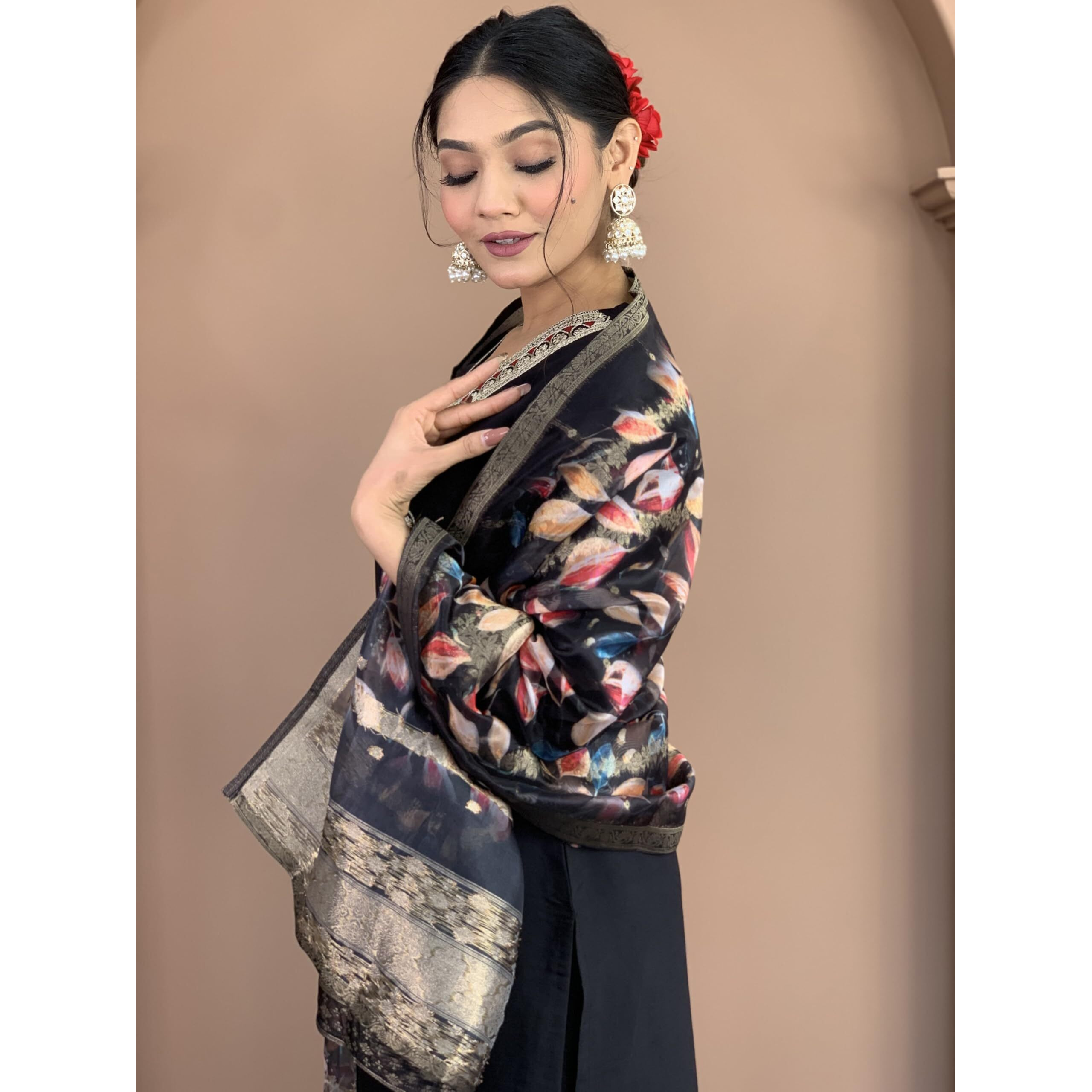 Naixa Women's Black Rayon Slub Embroidered Straight Kurta with Rayon Slub Pant and Chinon Jacquard Dupatta Sets (NX-542-Black-XL)