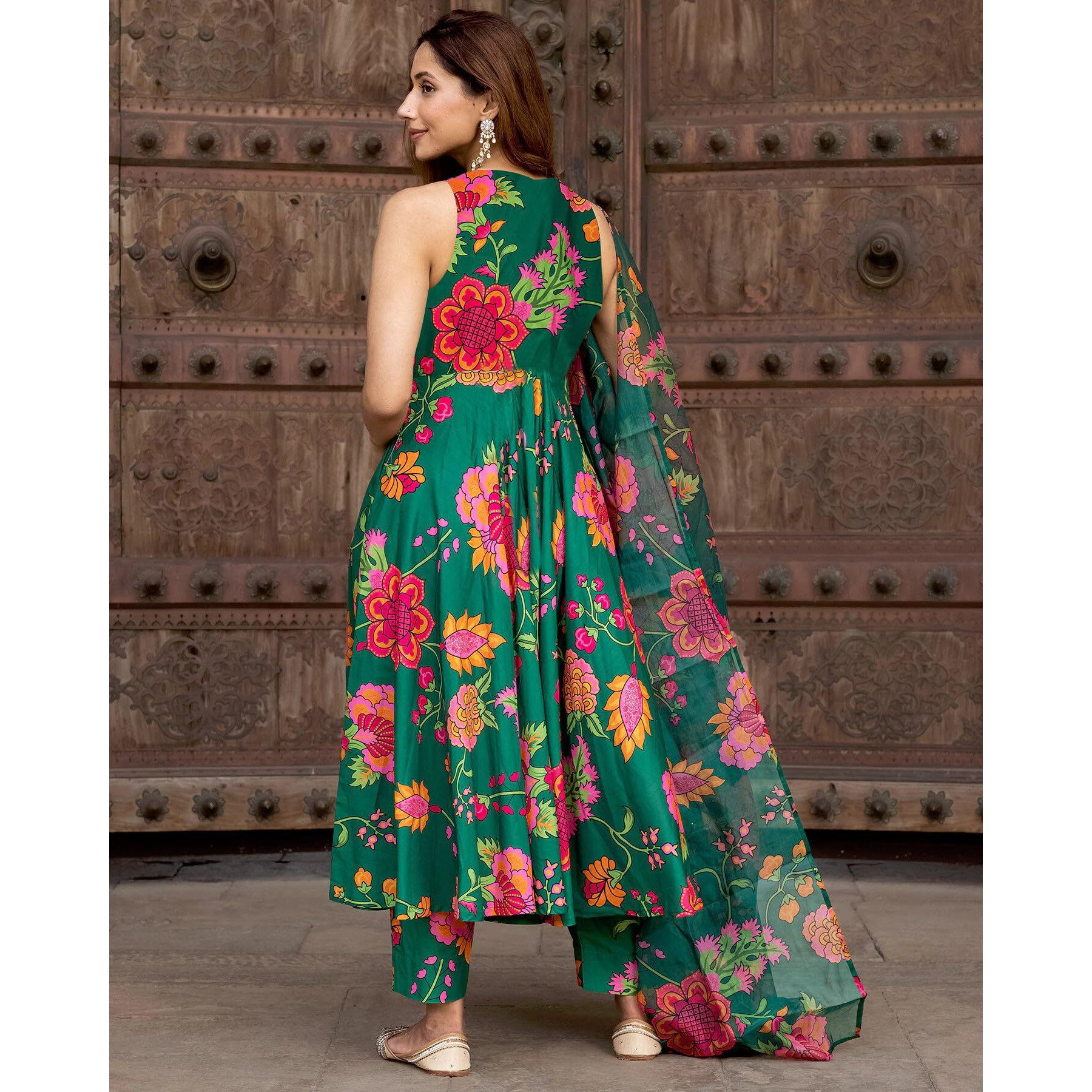 GoSriKi Women's Cotton Blend Printed Anarkali Kurta with Pant & Dupatta (Tanujashri Green-GS_S_Green_Small)