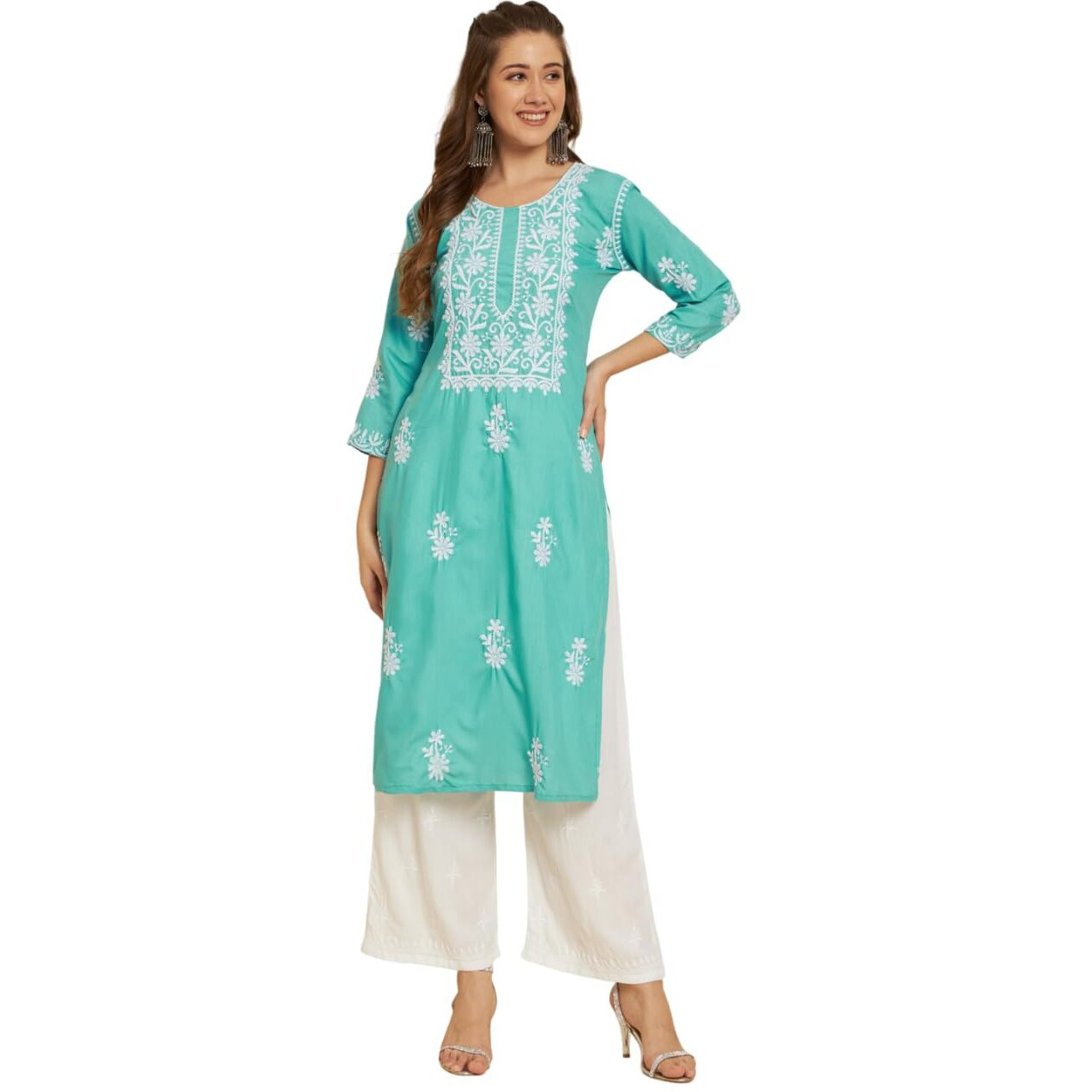 VAIRAGEE Women's Soft Slub Cotton Straight Cut Round Neck Kurta with Beautiful Lucknowi Chickenkari Work (1571) Sea Green