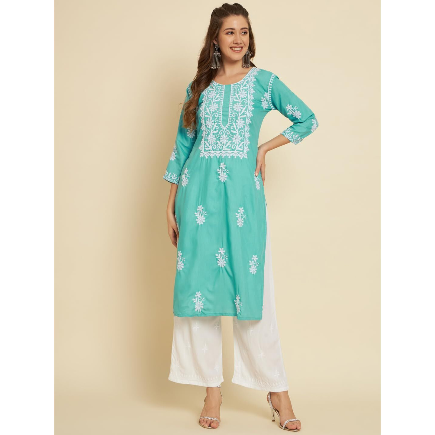 VAIRAGEE Women's Soft Slub Cotton Straight Cut Round Neck Kurta with Beautiful Lucknowi Chickenkari Work (1571) Sea Green