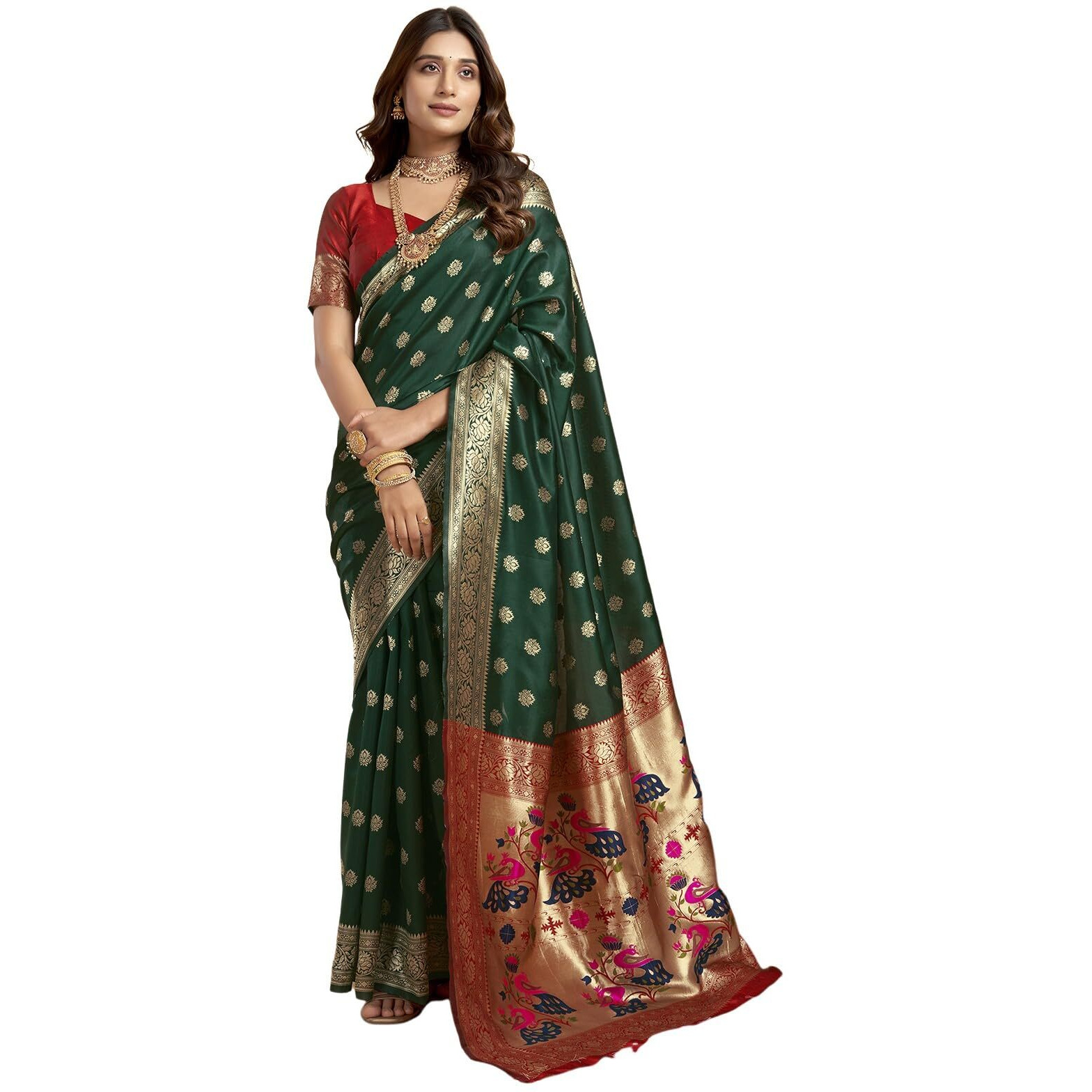 SWARON Women's Silk Blend Paithani Jacquard Work Saree with Unstitched Blouse Piece (3806S538NW_Dark Green & Red2)