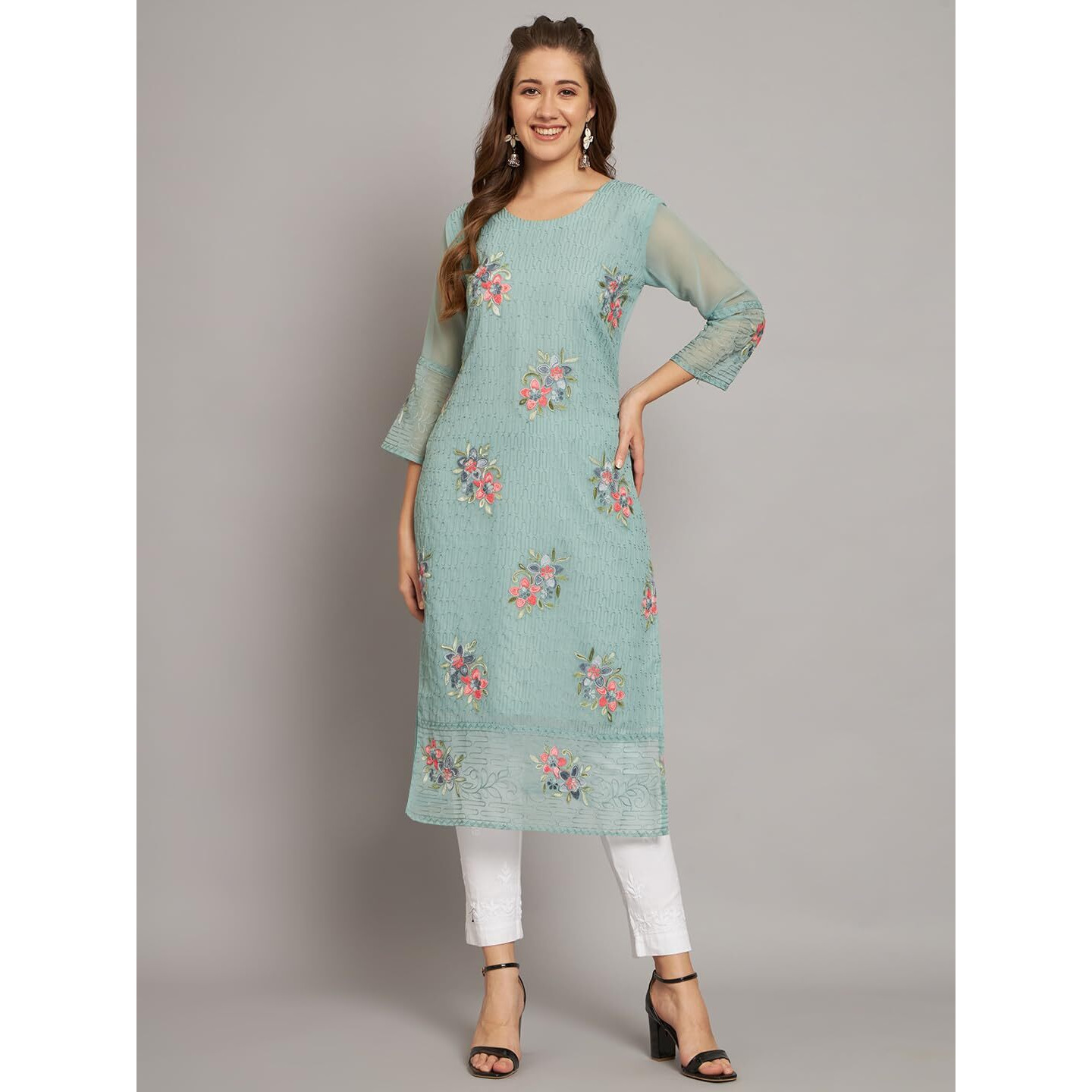 Ekasya Women's Georgette Straight Cut Round Neck Kurta with Beautiful Floral Embroidery Work (E1549) Sky