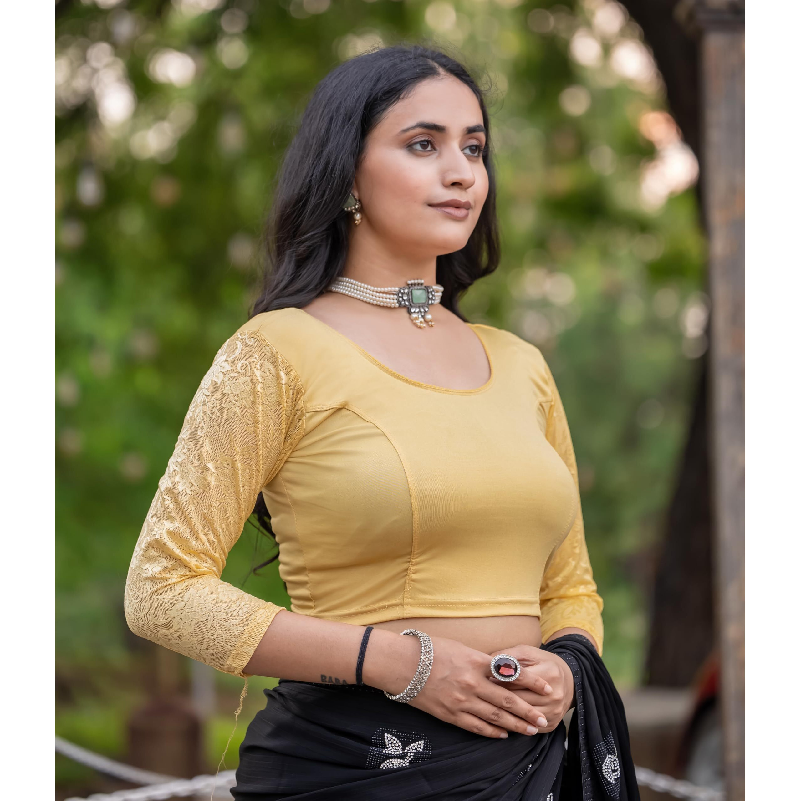 Jaanvi fashion Women's Stretchable Cotton Lycra Readymade Long Sleeves Saree Blouse (Fiona-Beige-s)