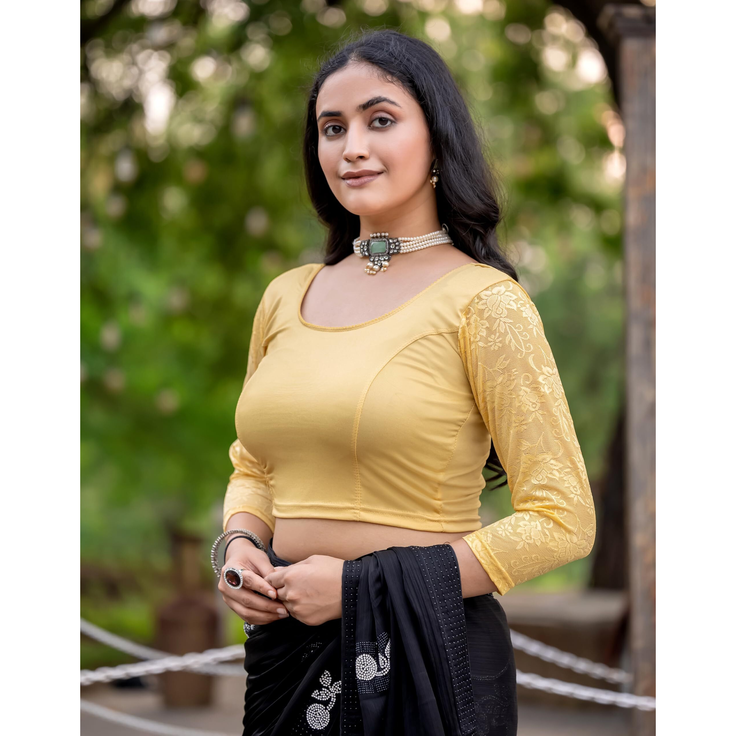 Jaanvi fashion Women's Stretchable Cotton Lycra Readymade Long Sleeves Saree Blouse (Fiona-Beige-s)
