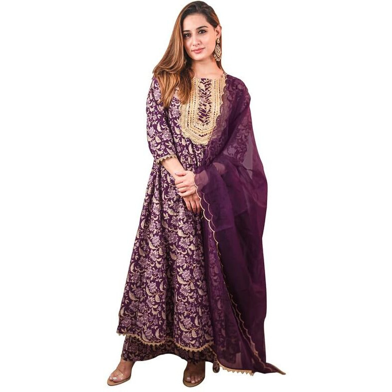 Janasya Women's Voilet Cotton Floral Printed Kurta with Palazzo and Dupatta(SET786-KR-PP-S)