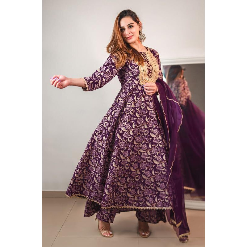 Janasya Women's Voilet Cotton Floral Printed Kurta with Palazzo and Dupatta(SET786-KR-PP-S)
