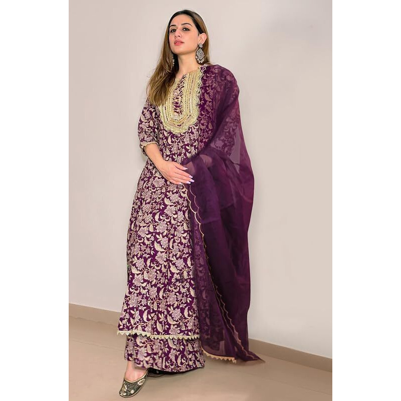Janasya Women's Voilet Cotton Floral Printed Kurta with Palazzo and Dupatta(SET786-KR-PP-S)
