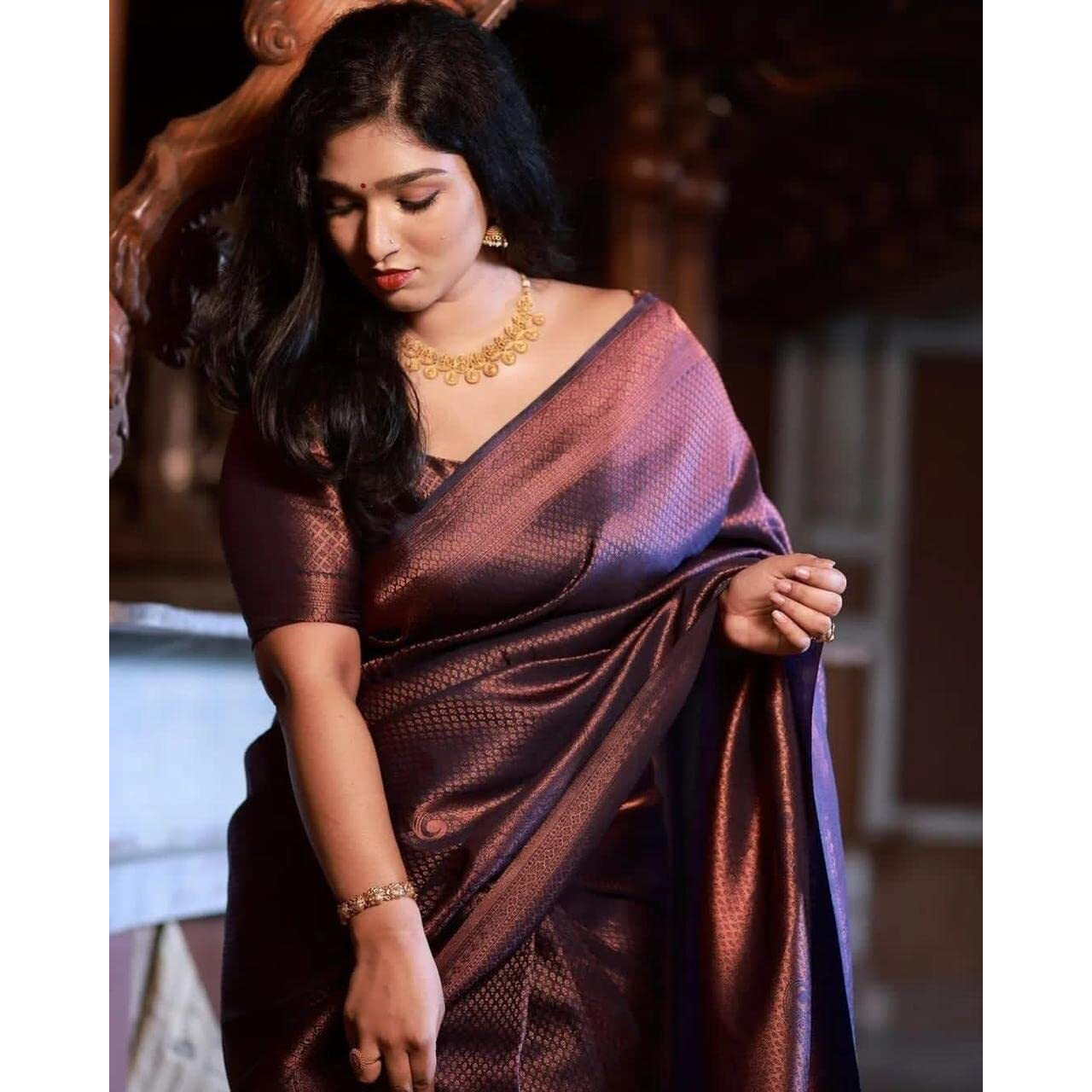 Anjaneya Sarees Womens Kanjivaram Silk Banarasi Saree With Blouse Piece (Navy Blue)
