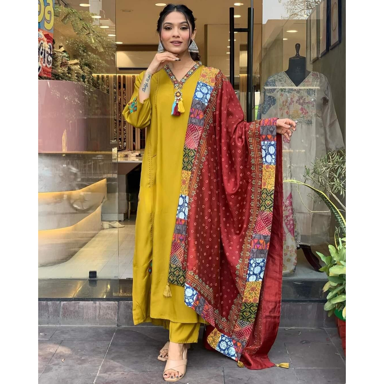 ACINOS Gorgeous Women Mustard Chanderi Silk Embroidered Kurta Pant Dupatta Set