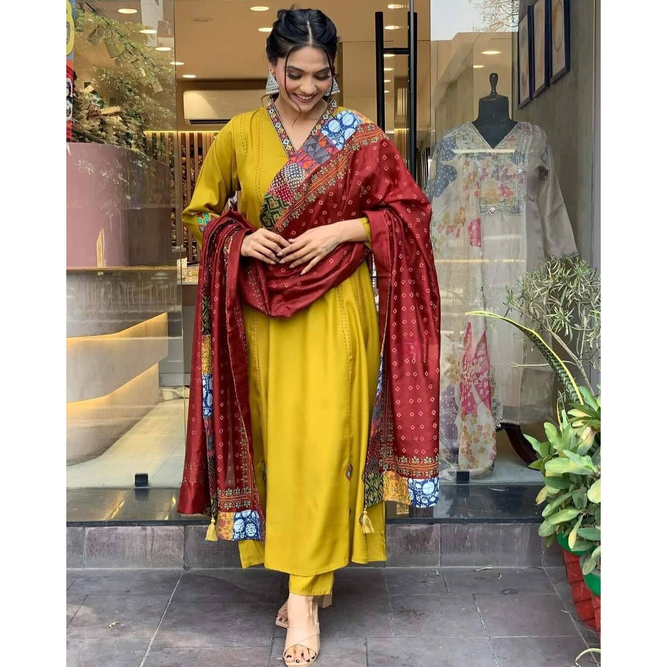 ACINOS Gorgeous Women Mustard Chanderi Silk Embroidered Kurta Pant Dupatta Set