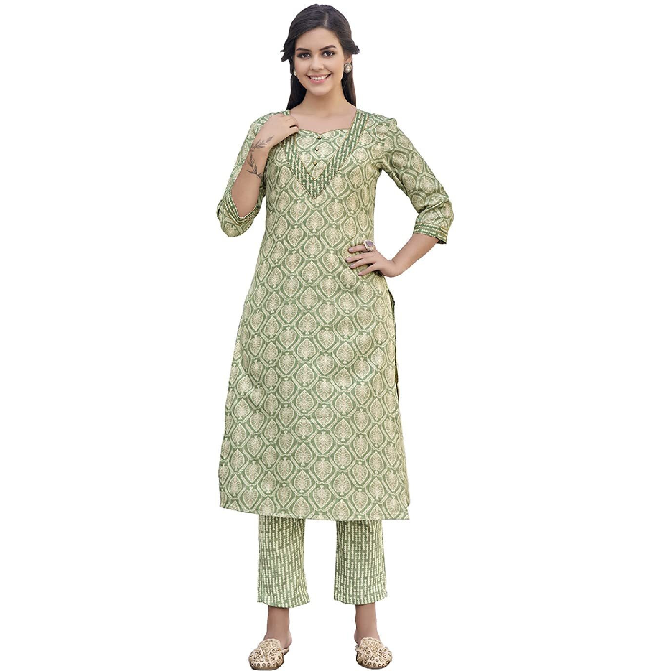 NAINVISH Women's Cotton Blend Straight Square Neck Printed Kurta with Pant (SD431_KB-XXL_Light Green)