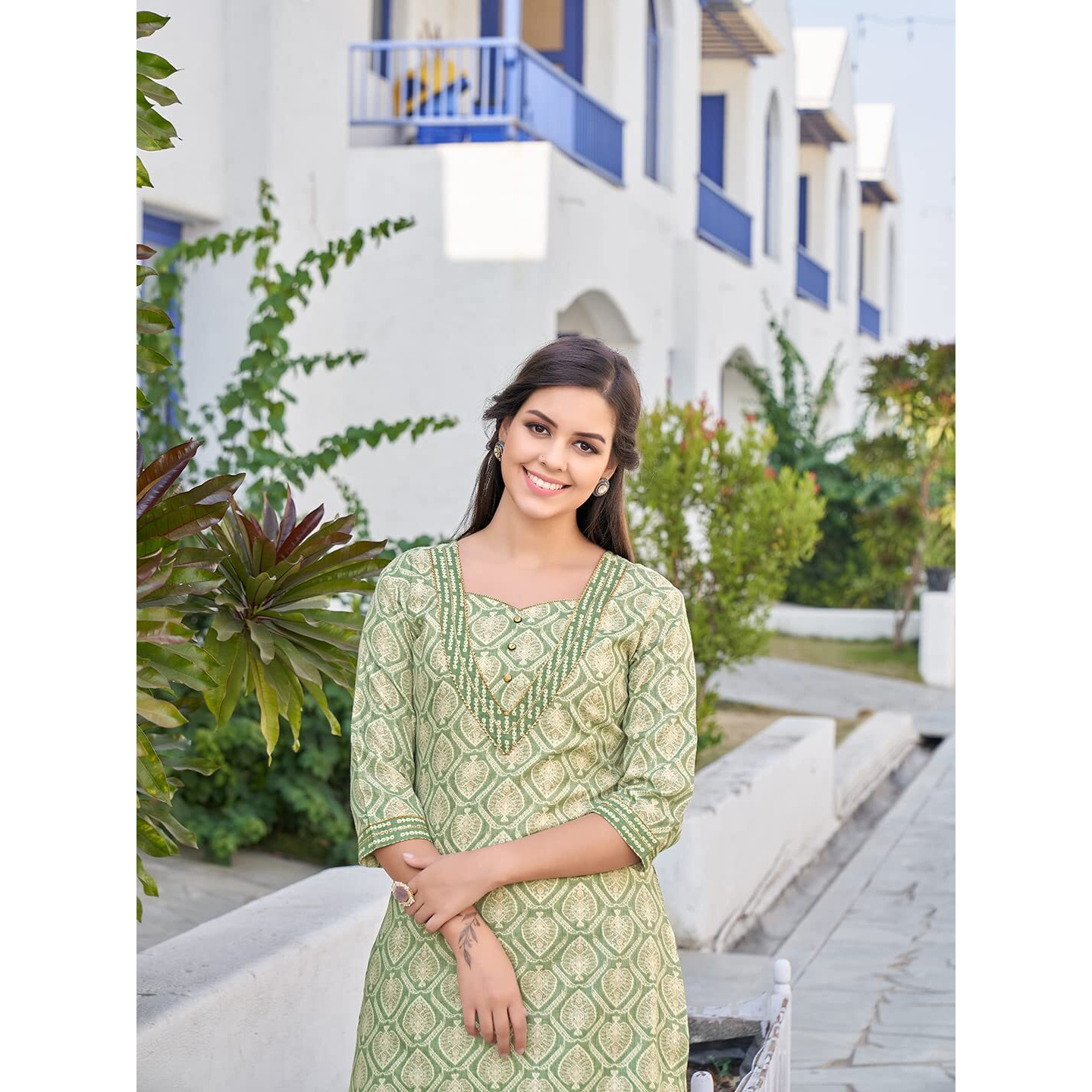 NAINVISH Women's Cotton Blend Straight Square Neck Printed Kurta with Pant (SD431_KB-XXL_Light Green)