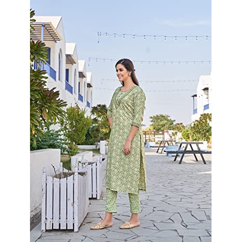 NAINVISH Women's Cotton Blend Straight Square Neck Printed Kurta with Pant (SD431_KB-XXL_Light Green)