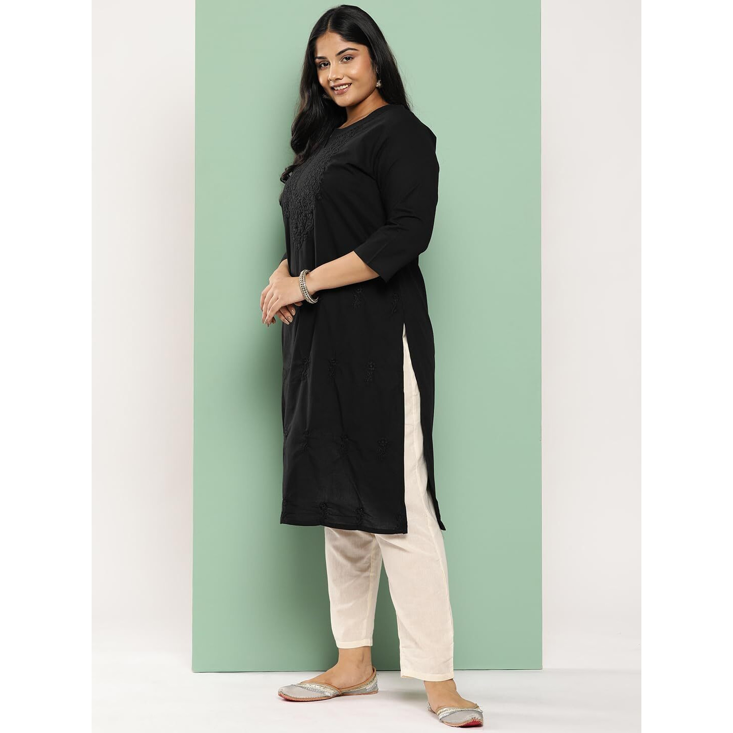 YUFTA Women Black Floral Straight Kurta_(1285PKURBK_3XL)