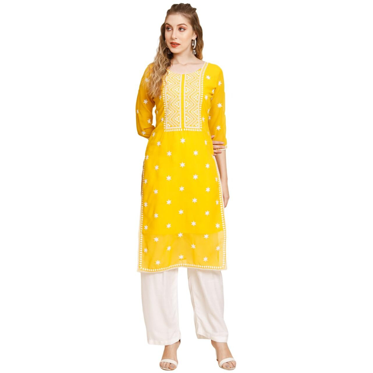 VAIRAGEE Women's Georgette Straight Cut Round Neck Kurta with Beautiful Embroidery Thread Work (1553) Yellow