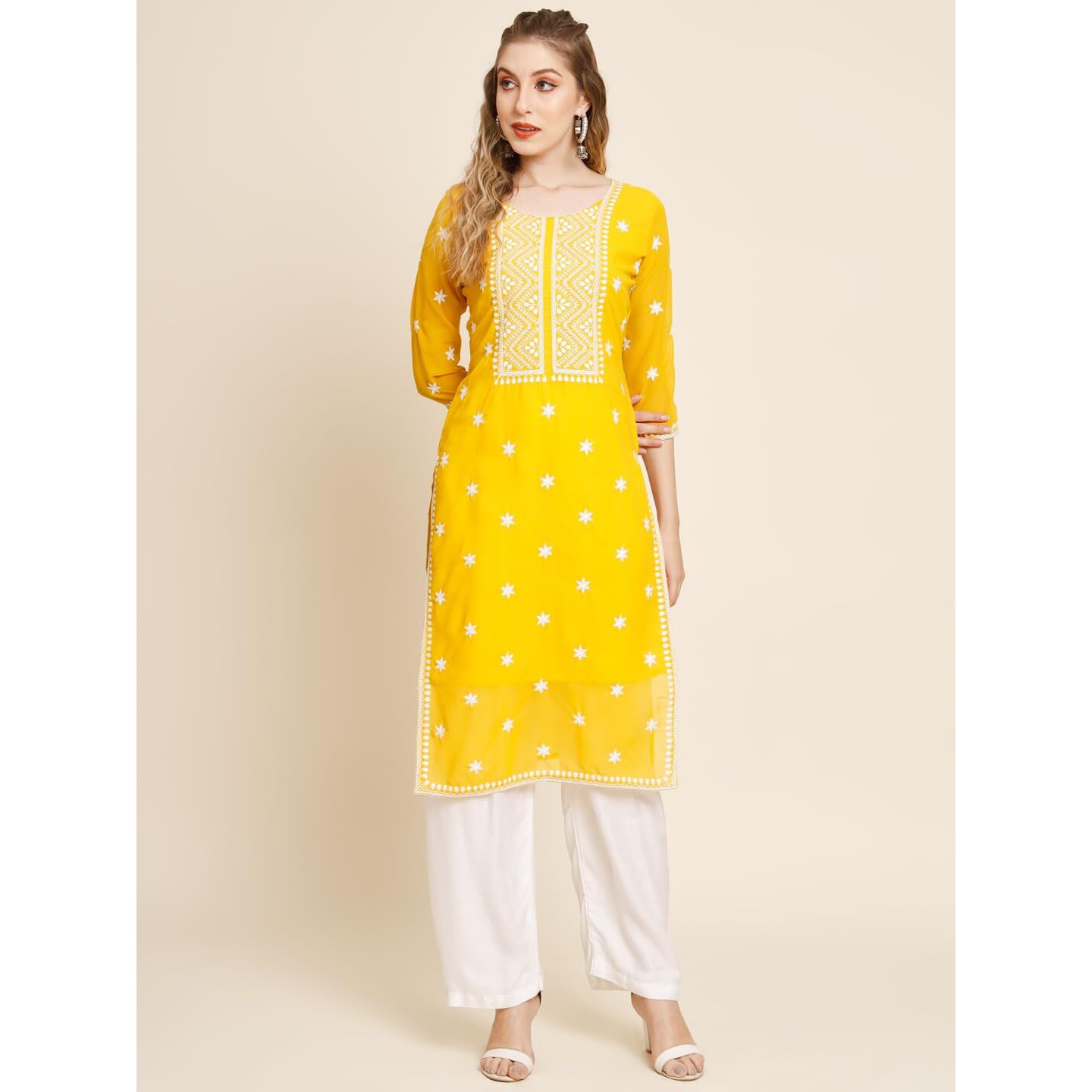 VAIRAGEE Women's Georgette Straight Cut Round Neck Kurta with Beautiful Embroidery Thread Work (1553) Yellow